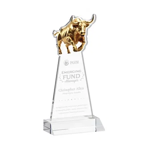 Starfire Crystal Award With a Gold Bull Cutout on a Mitered-Front Base