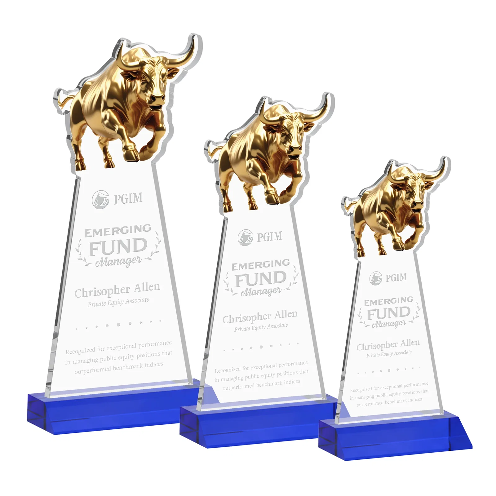 Personalized Starfire Crystal Award With a Gold Bull Cutout on a Mitered-Front Base, awards for team milestone celebrations