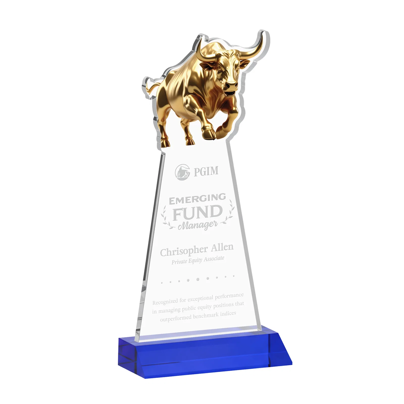 Personalized Starfire Crystal Award With a Gold Bull Cutout on a Mitered-Front Base, awards for graduation ceremonies