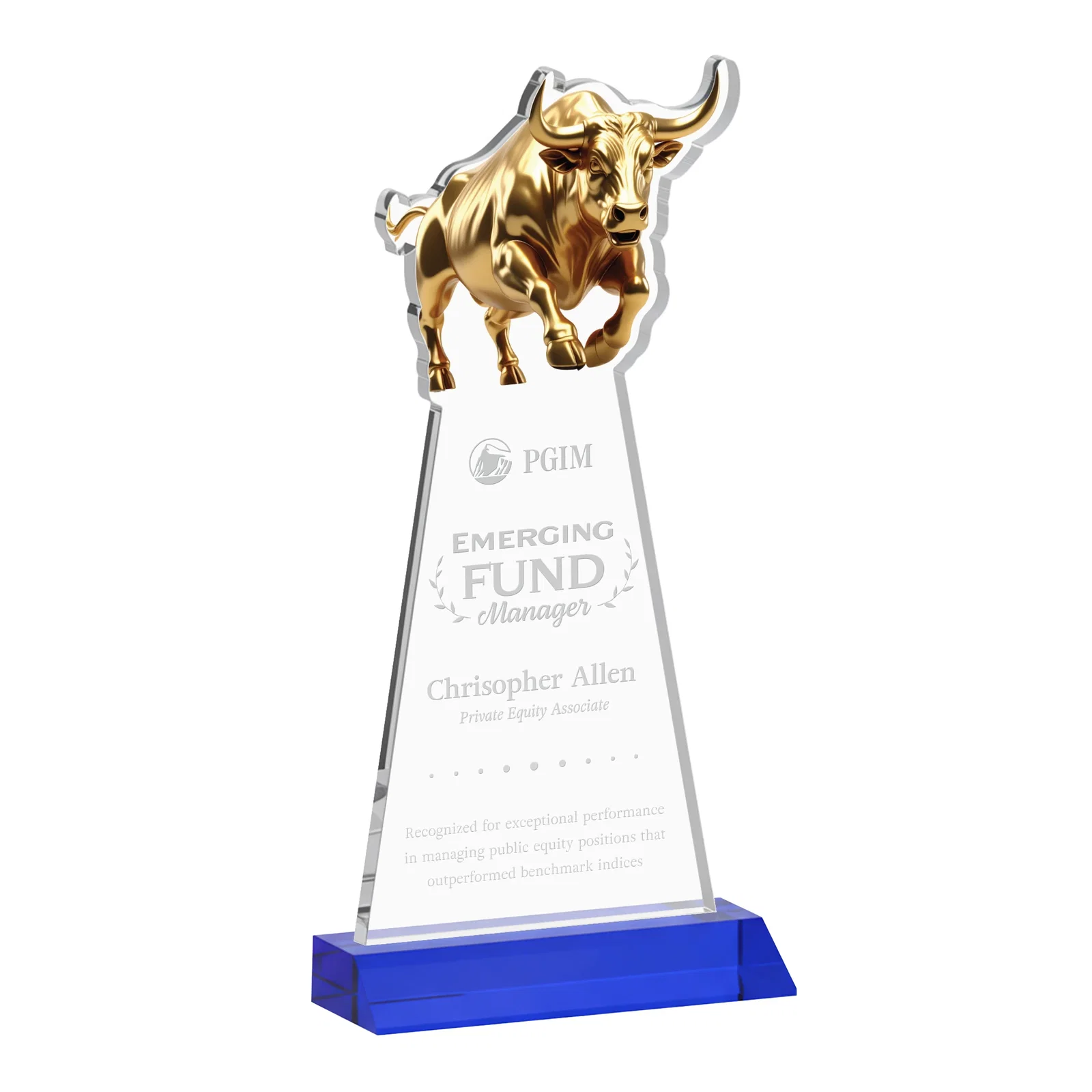 Personalized Starfire Crystal Award With a Gold Bull Cutout on a Mitered-Front Base, awards for safety achievement programs