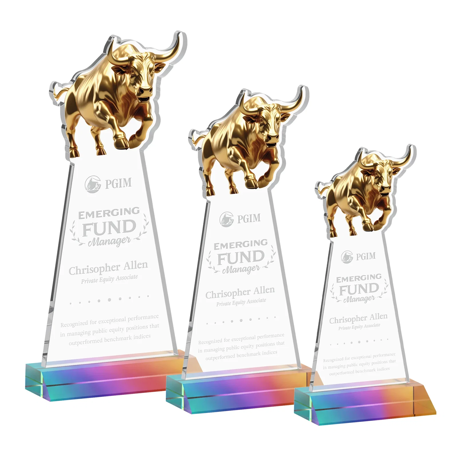 Personalized Starfire Crystal Award With a Gold Bull Cutout on a Mitered-Front Base, awards for volunteer appreciation