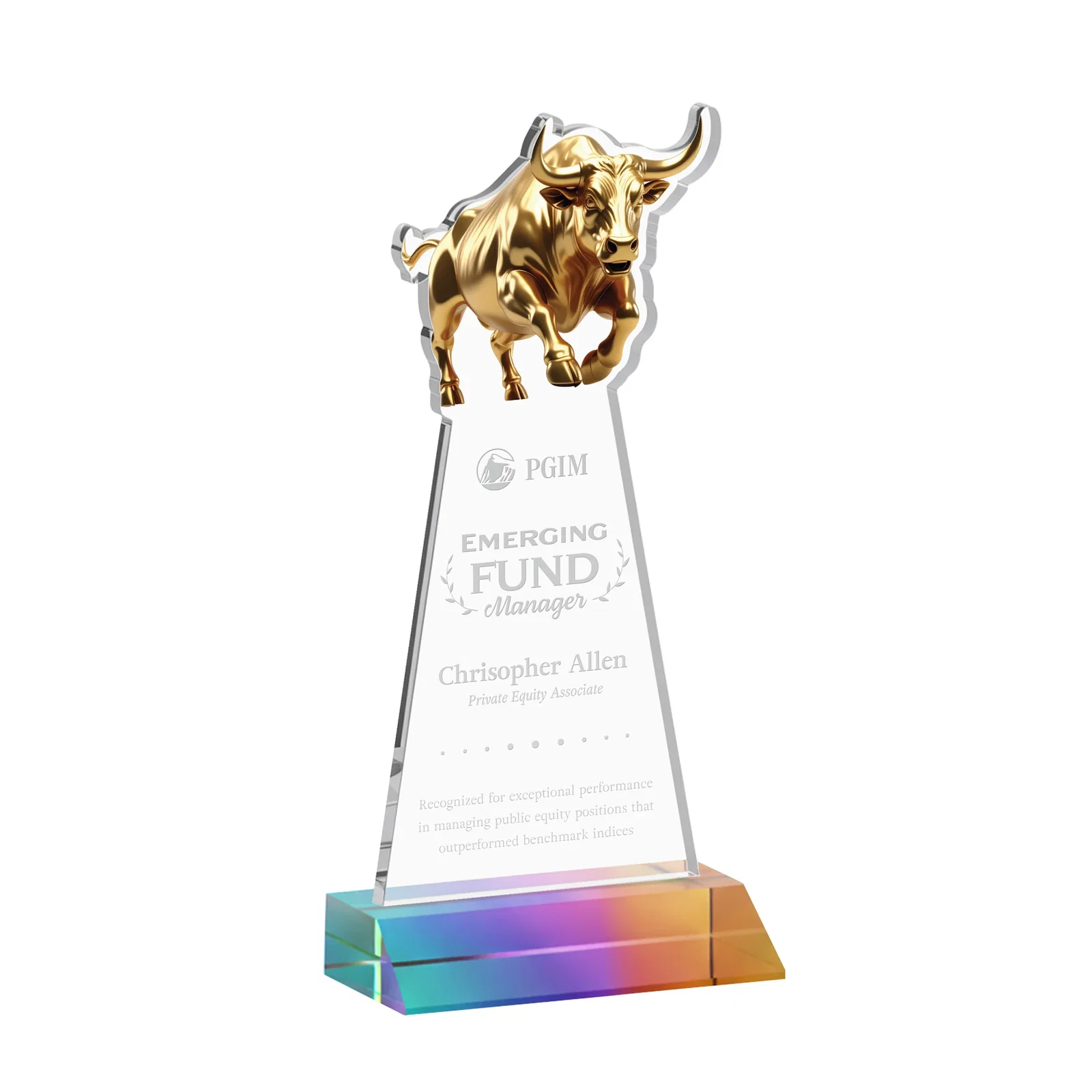 Personalized Starfire Crystal Award With a Gold Bull Cutout on a Mitered-Front Base, awards for dealer and partner awards