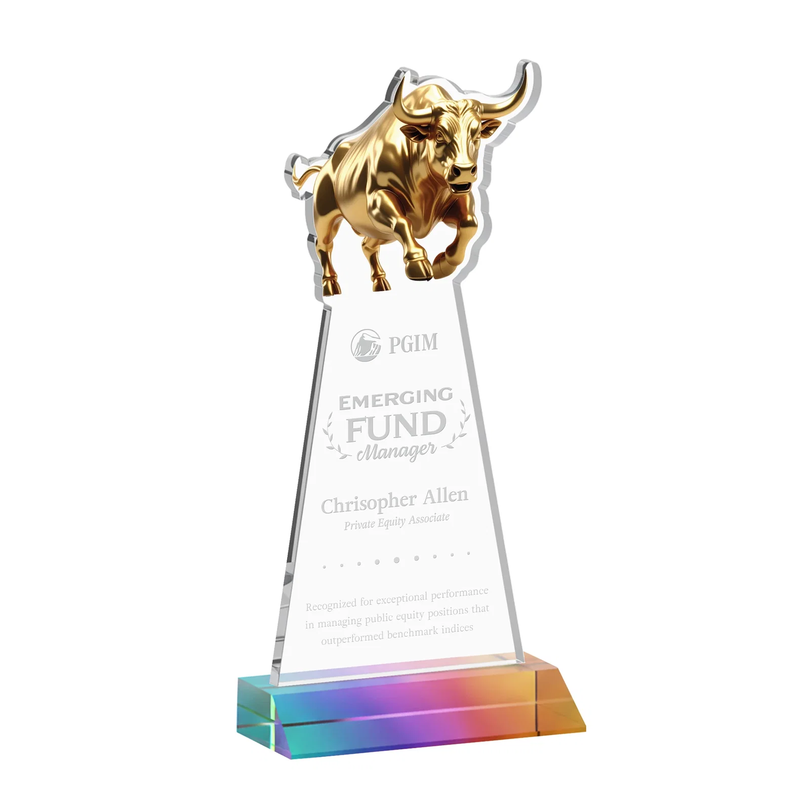 Personalized Starfire Crystal Award With a Gold Bull Cutout on a Mitered-Front Base, awards for company anniversary events