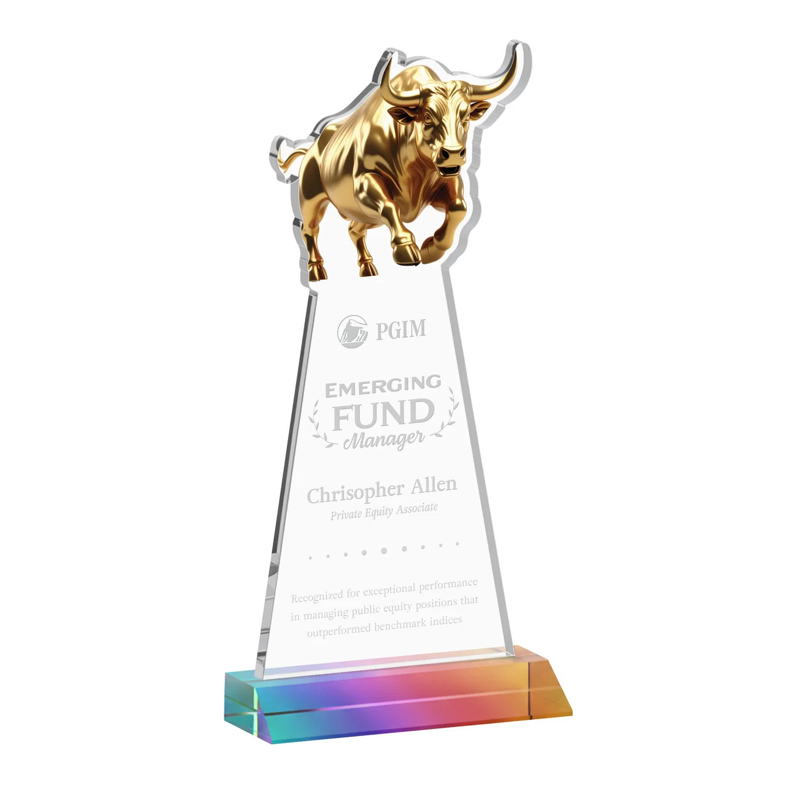 Promotional Starfire Crystal Award With a Gold Bull Cutout on a Mitered-Front Base, awards for employee recognition