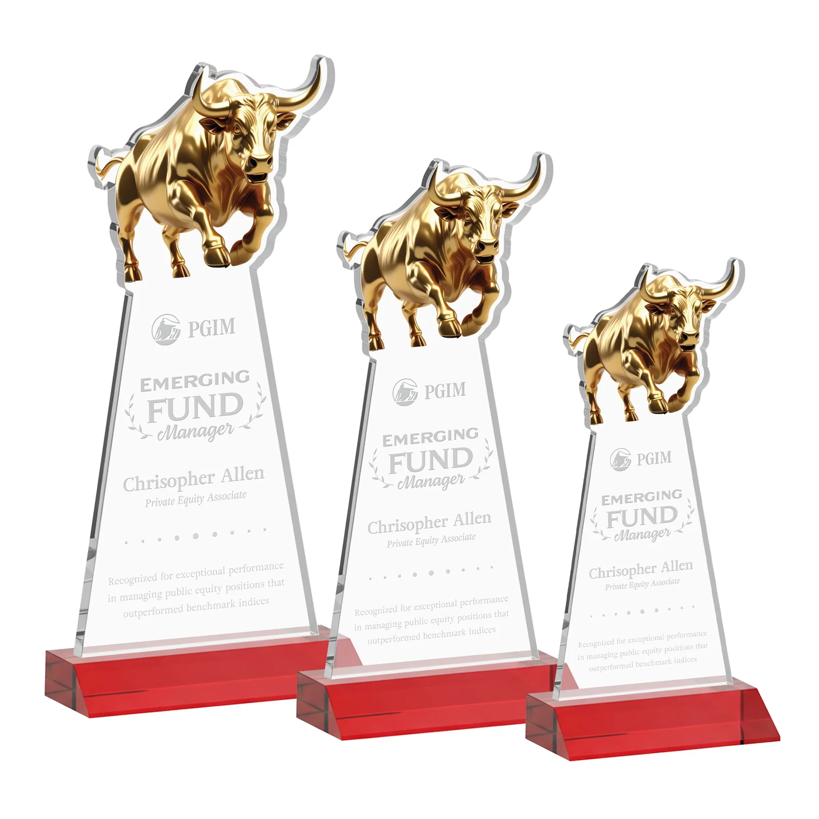 Promotional Starfire Crystal Award With a Gold Bull Cutout on a Mitered-Front Base, awards for corporate award ceremonies