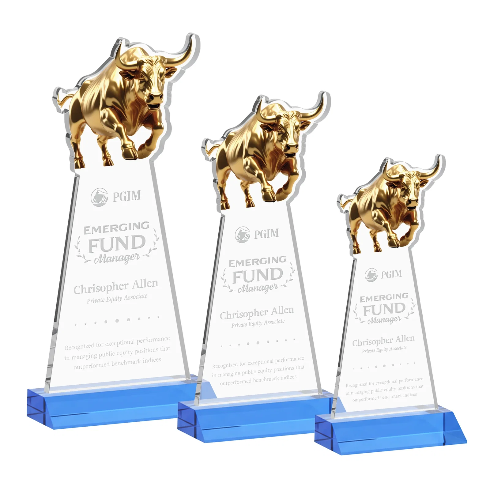 Promotional Starfire Crystal Award With a Gold Bull Cutout on a Mitered-Front Base, awards for team milestone celebrations