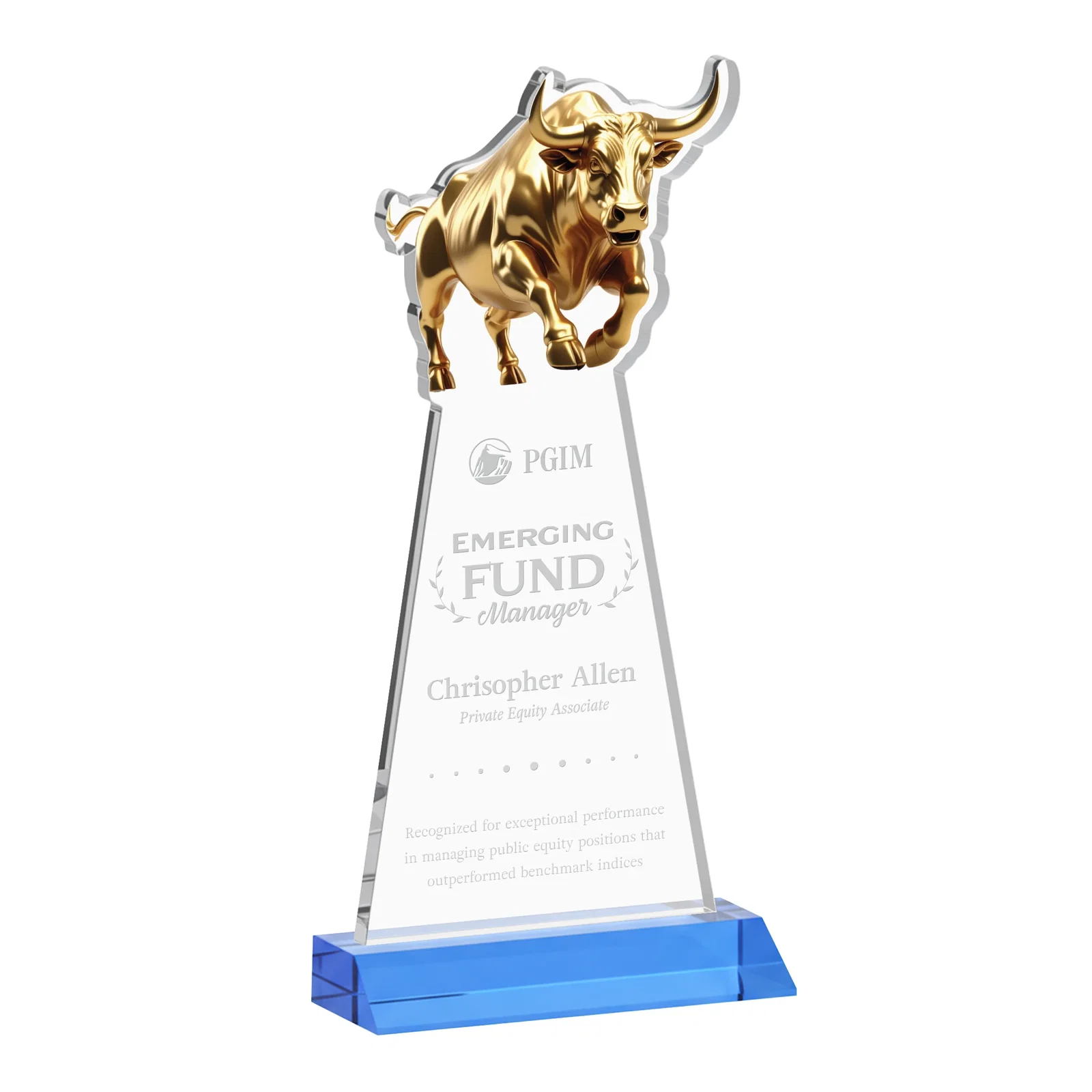 Promotional Starfire Crystal Award With a Gold Bull Cutout on a Mitered-Front Base, awards for safety achievement programs