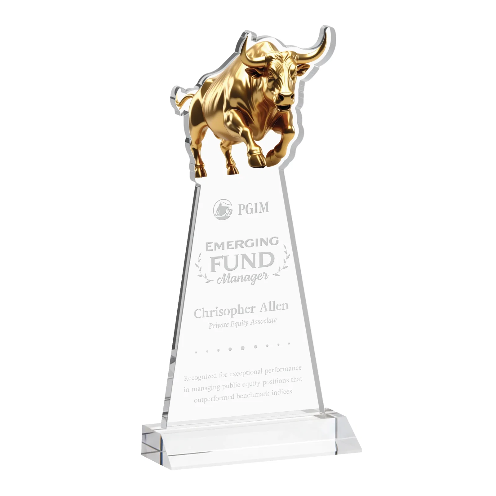 Custom Starfire Crystal Award With a Gold Bull Cutout on a Mitered-Front Base, awards for sales achievement awards