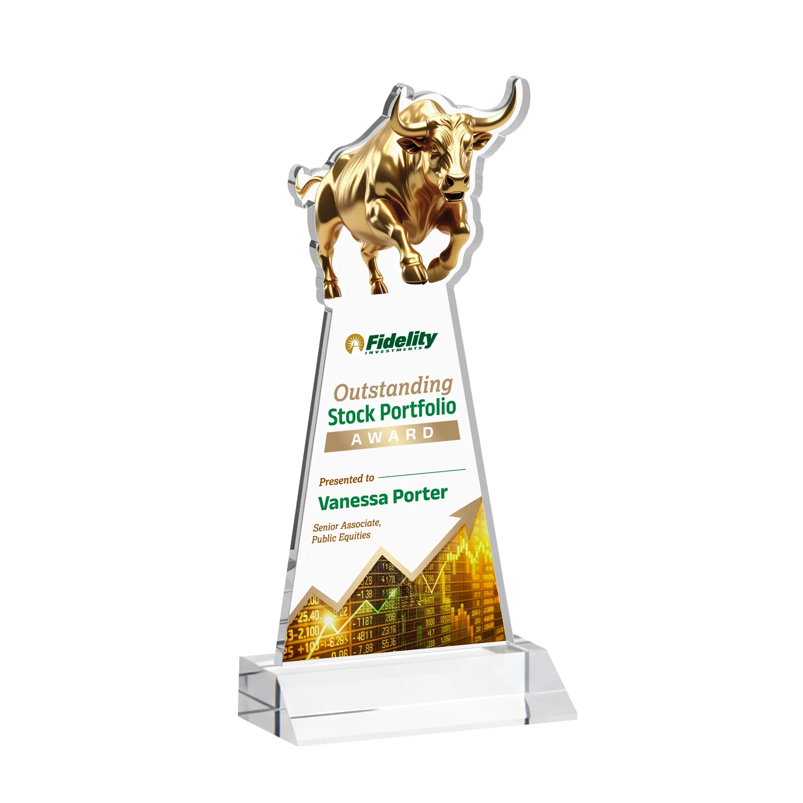 Branded Starfire Crystal Award With a Gold Bull Cutout on a Mitered-Front Base, awards for service anniversary gifts