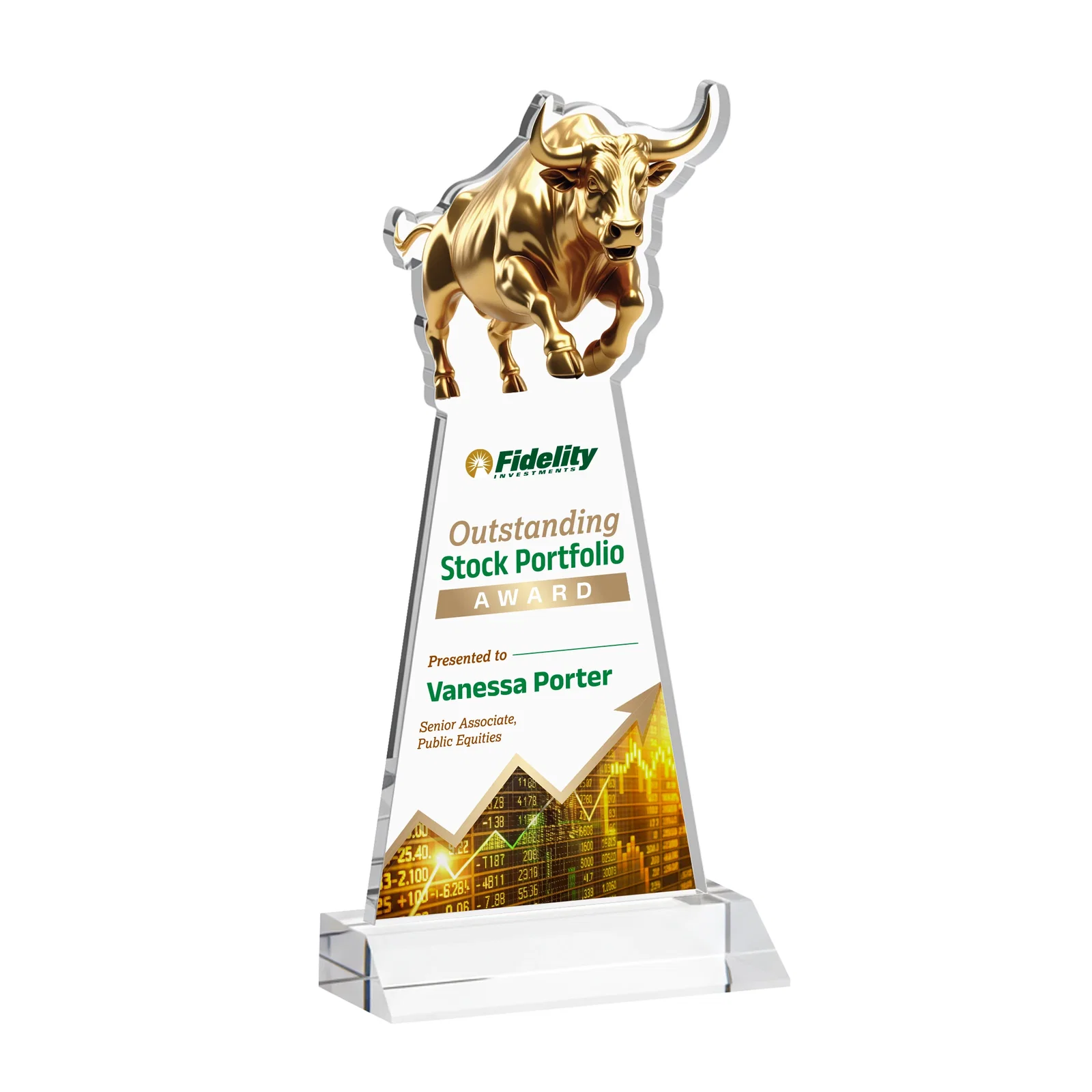 Branded Starfire Crystal Award With a Gold Bull Cutout on a Mitered-Front Base, awards for sales achievement awards