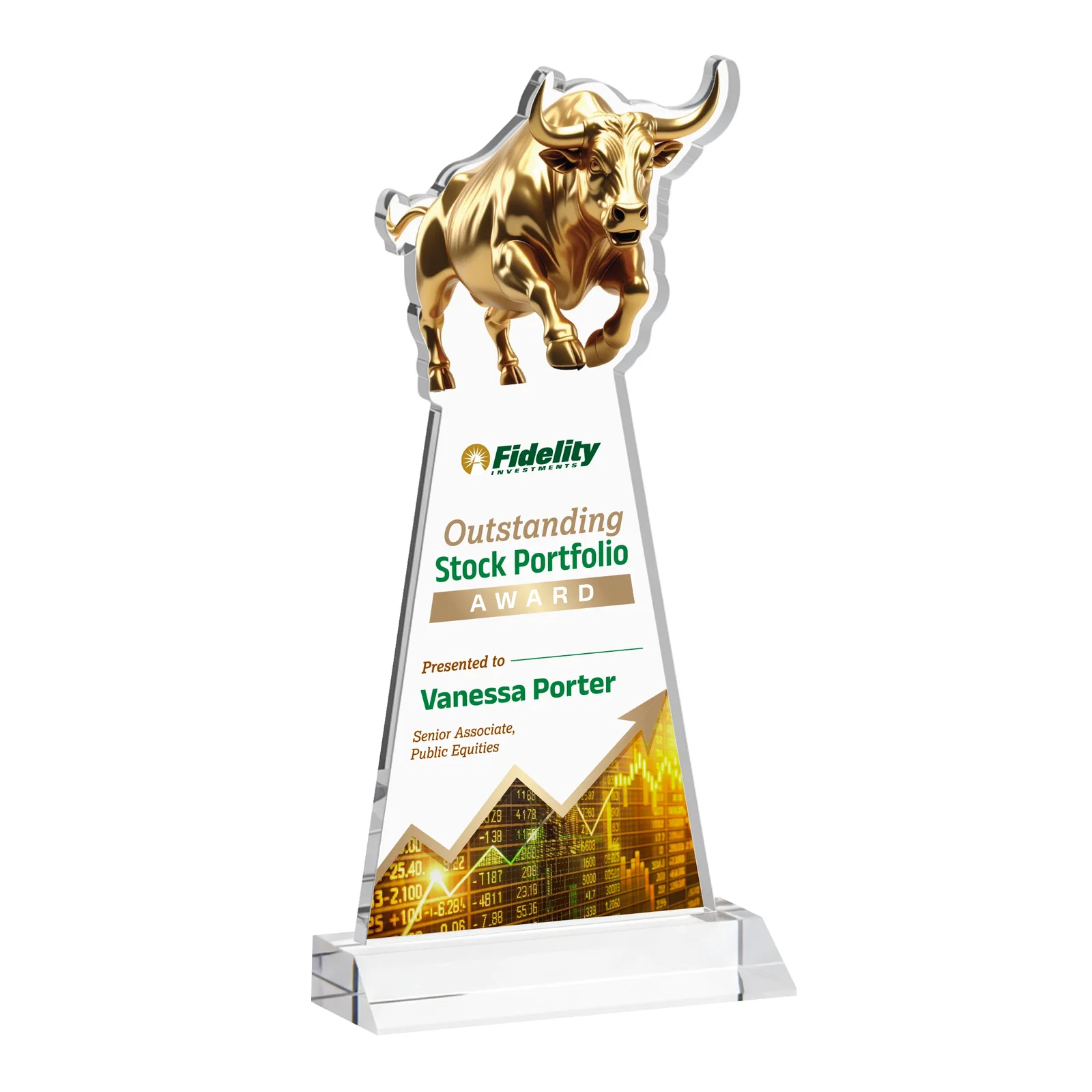 Branded Starfire Crystal Award With a Gold Bull Cutout on a Mitered-Front Base, awards for retirement presentations