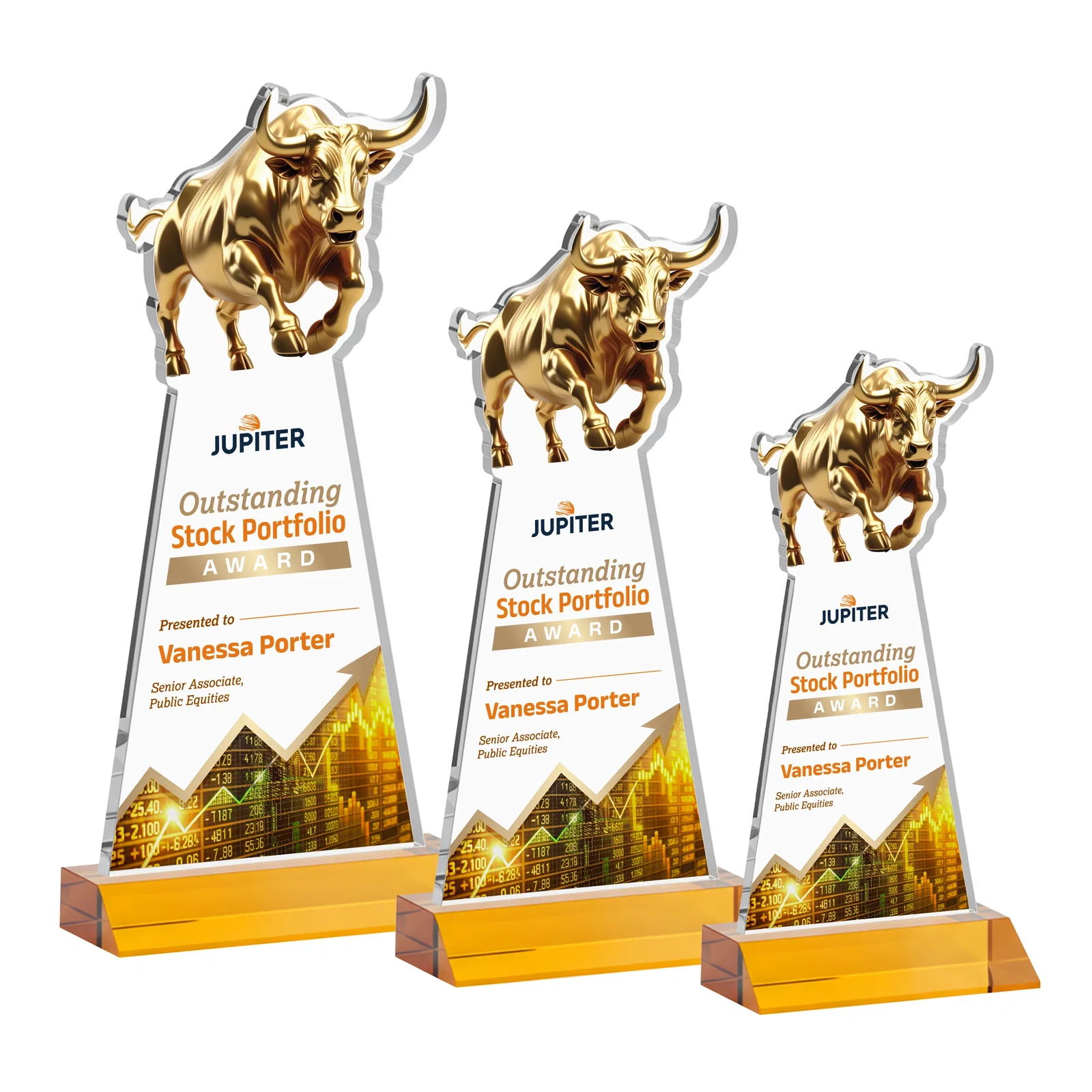 Branded Starfire Crystal Award With a Gold Bull Cutout on a Mitered-Front Base, awards for team milestone celebrations