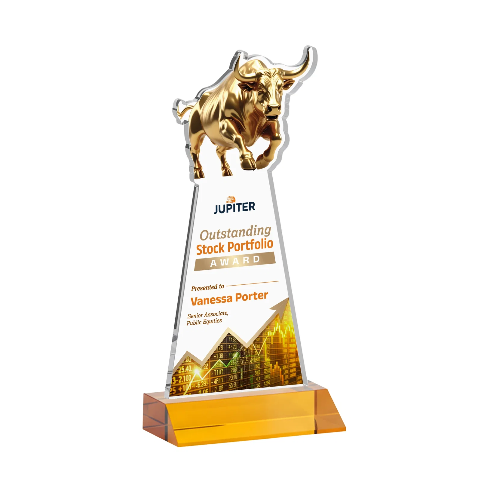 Branded Starfire Crystal Award With a Gold Bull Cutout on a Mitered-Front Base, awards for donor appreciation