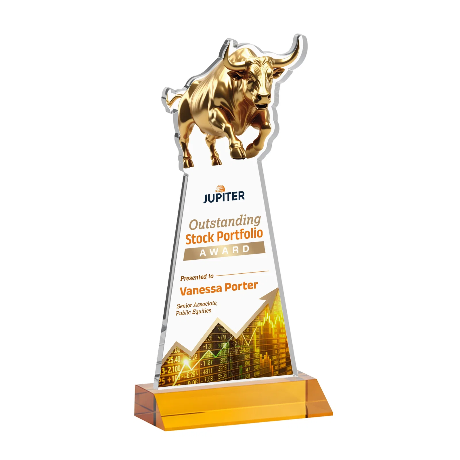 Branded Starfire Crystal Award With a Gold Bull Cutout on a Mitered-Front Base, awards for graduation ceremonies