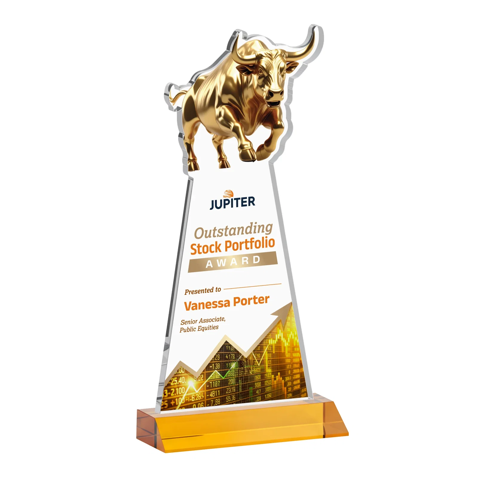 Branded Starfire Crystal Award With a Gold Bull Cutout on a Mitered-Front Base, awards for safety achievement programs