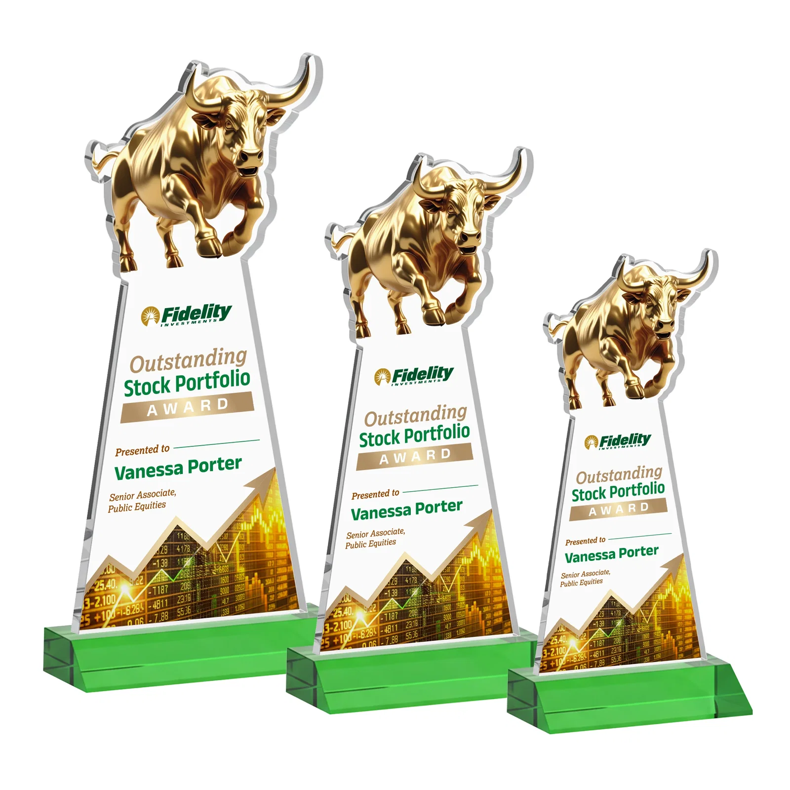Branded Starfire Crystal Award With a Gold Bull Cutout on a Mitered-Front Base, awards for volunteer appreciation
