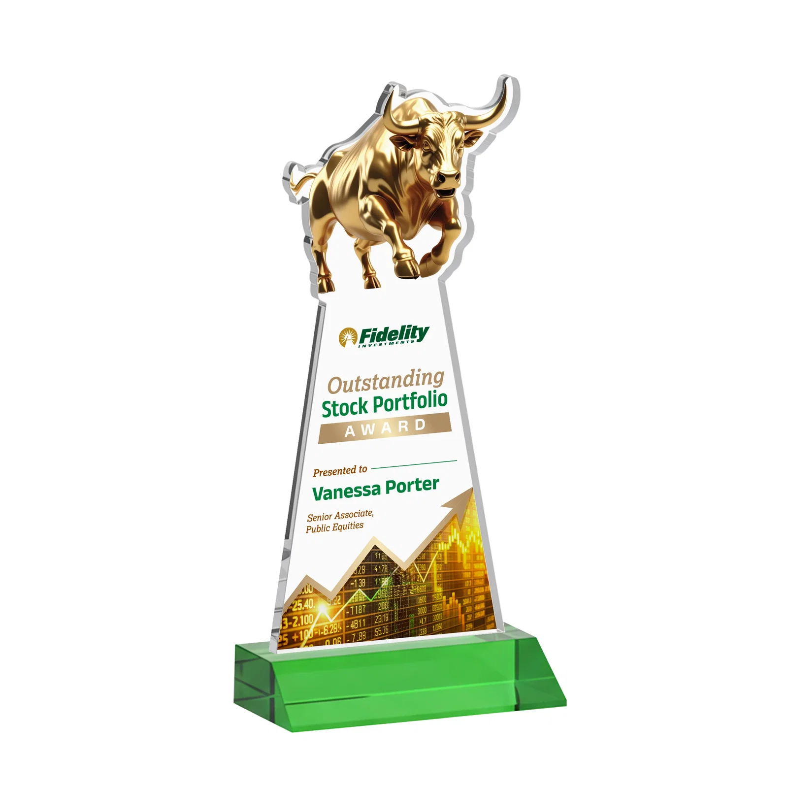 Branded Starfire Crystal Award With a Gold Bull Cutout on a Mitered-Front Base, awards for dealer and partner awards