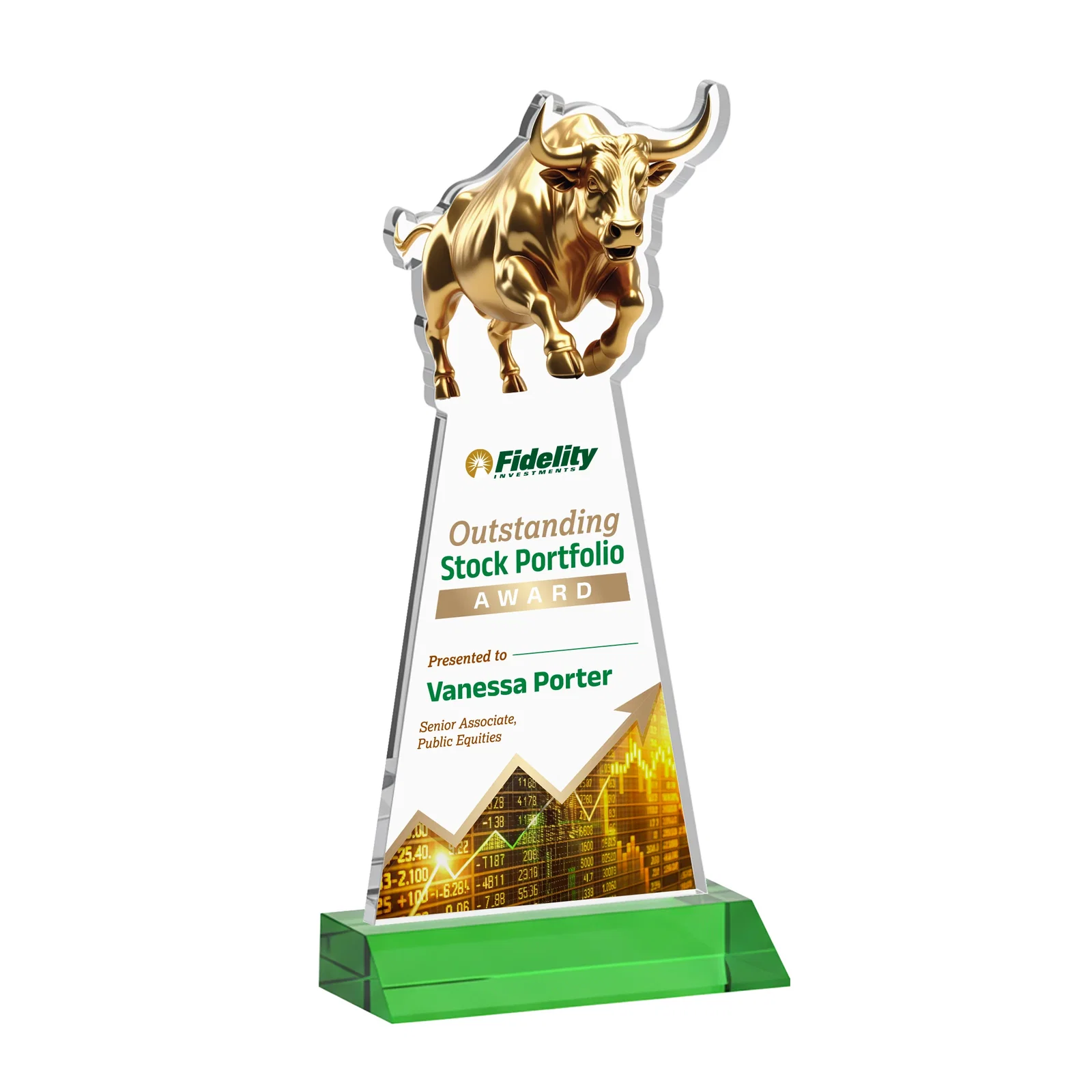Branded Starfire Crystal Award With a Gold Bull Cutout on a Mitered-Front Base, awards for company anniversary events