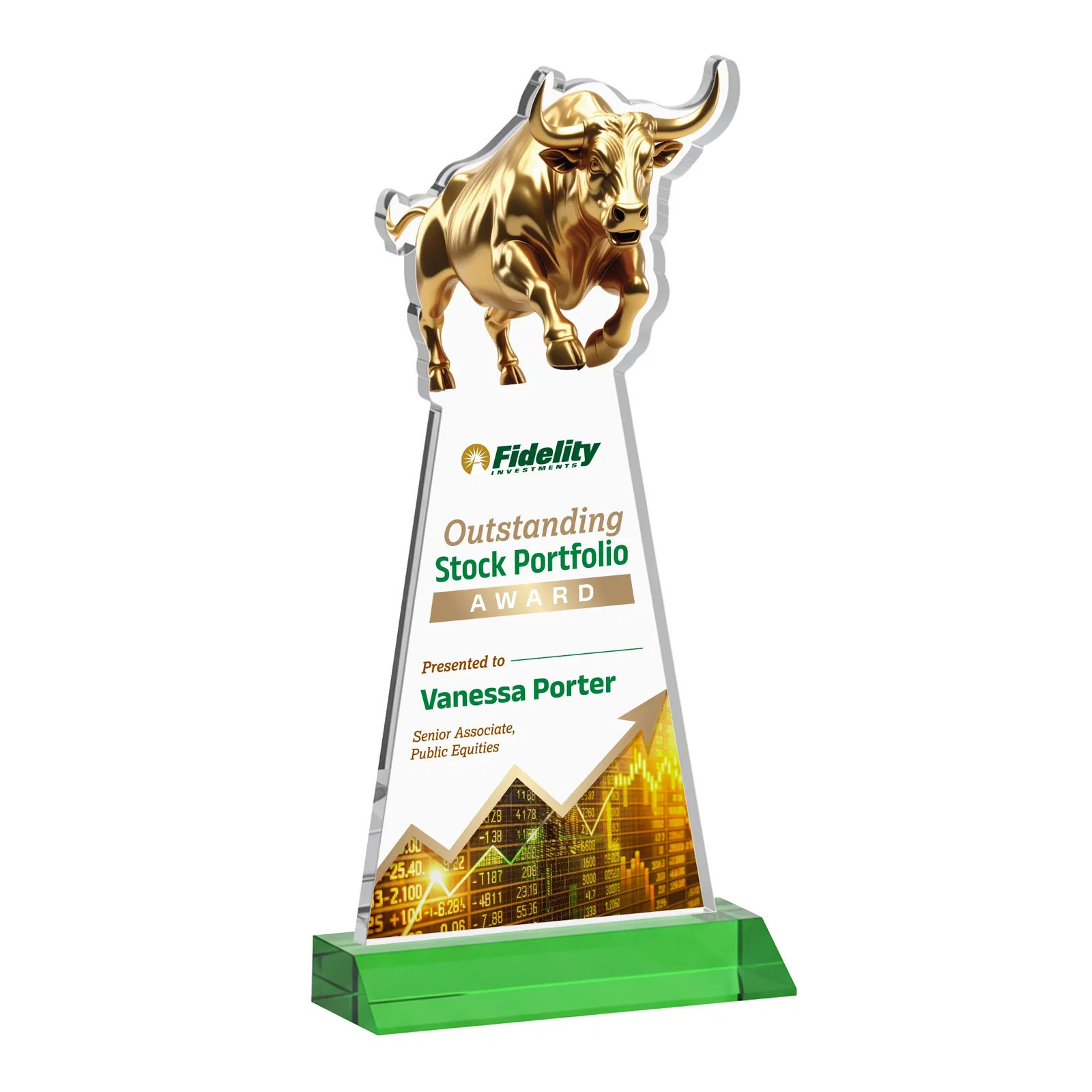 Custom printed Starfire Crystal Award With a Gold Bull Cutout on a Mitered-Front Base, awards for employee recognition