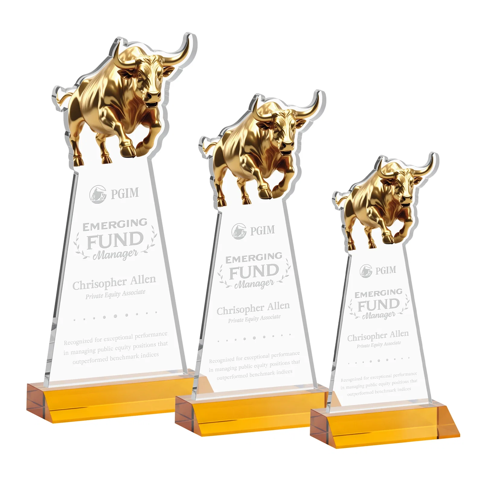 Custom Starfire Crystal Award With a Gold Bull Cutout on a Mitered-Front Base, awards for team milestone celebrations