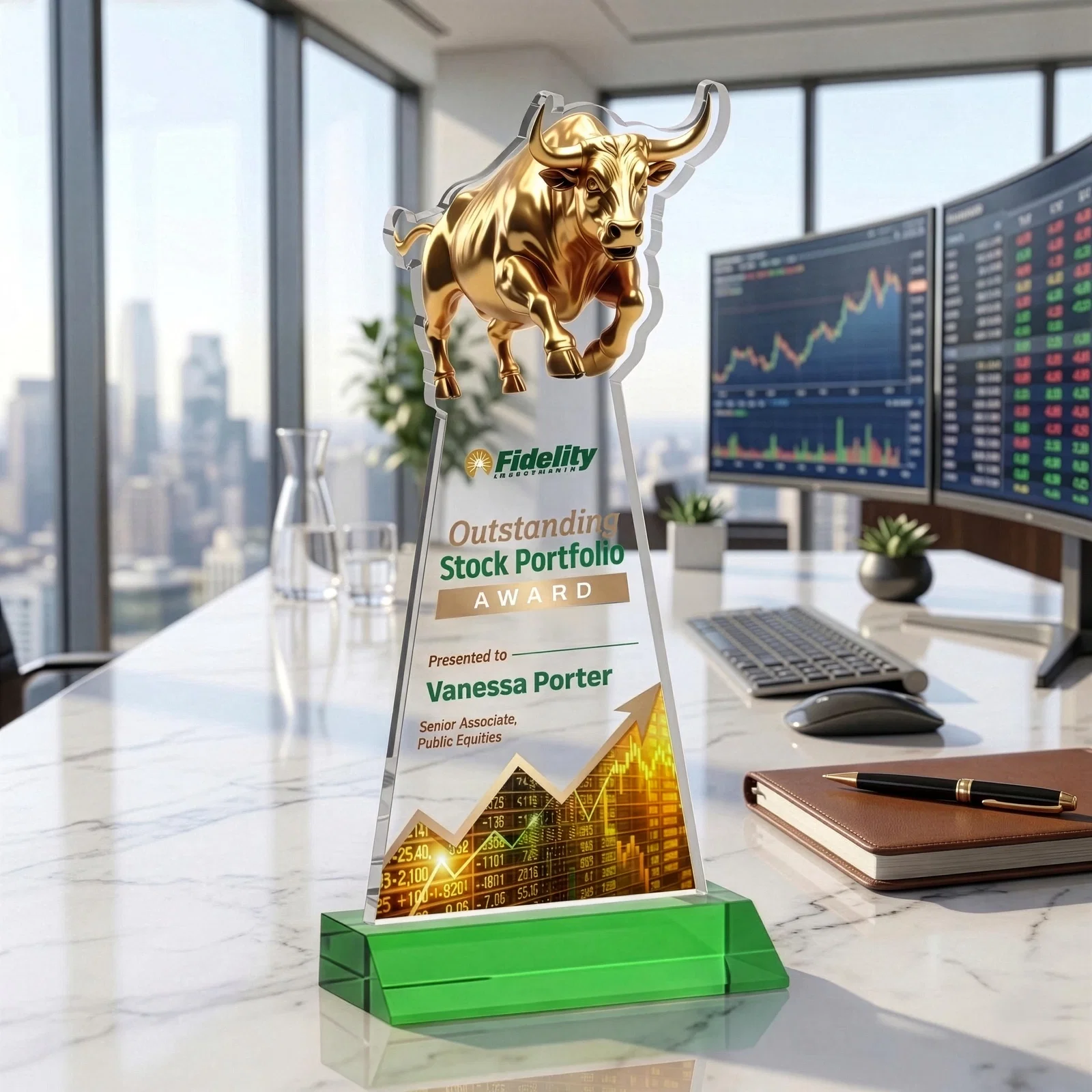 Custom printed Starfire Crystal Award With a Gold Bull Cutout on a Mitered-Front Base, awards for corporate award ceremonies
