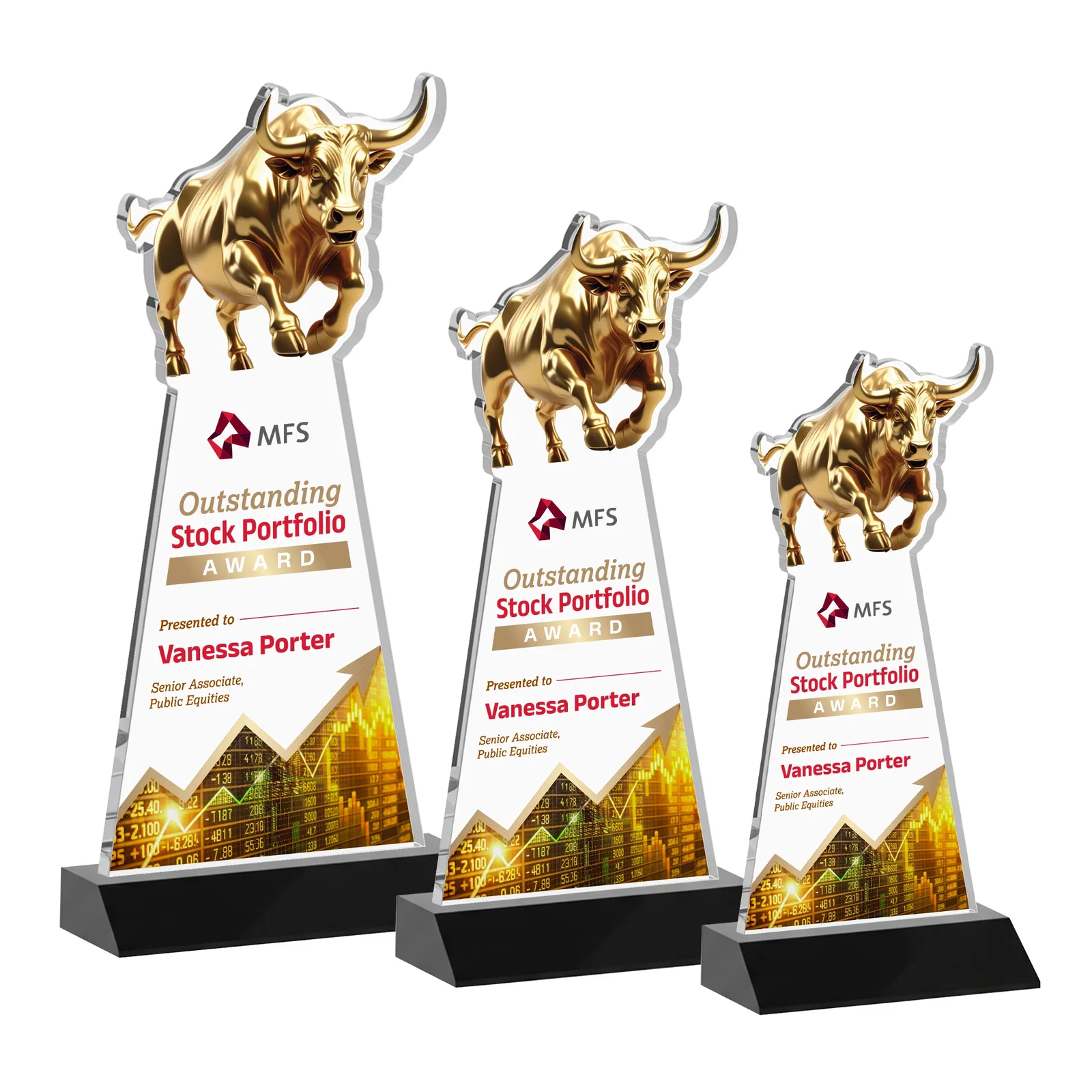 Custom printed Starfire Crystal Award With a Gold Bull Cutout on a Mitered-Front Base, awards for service anniversary gifts