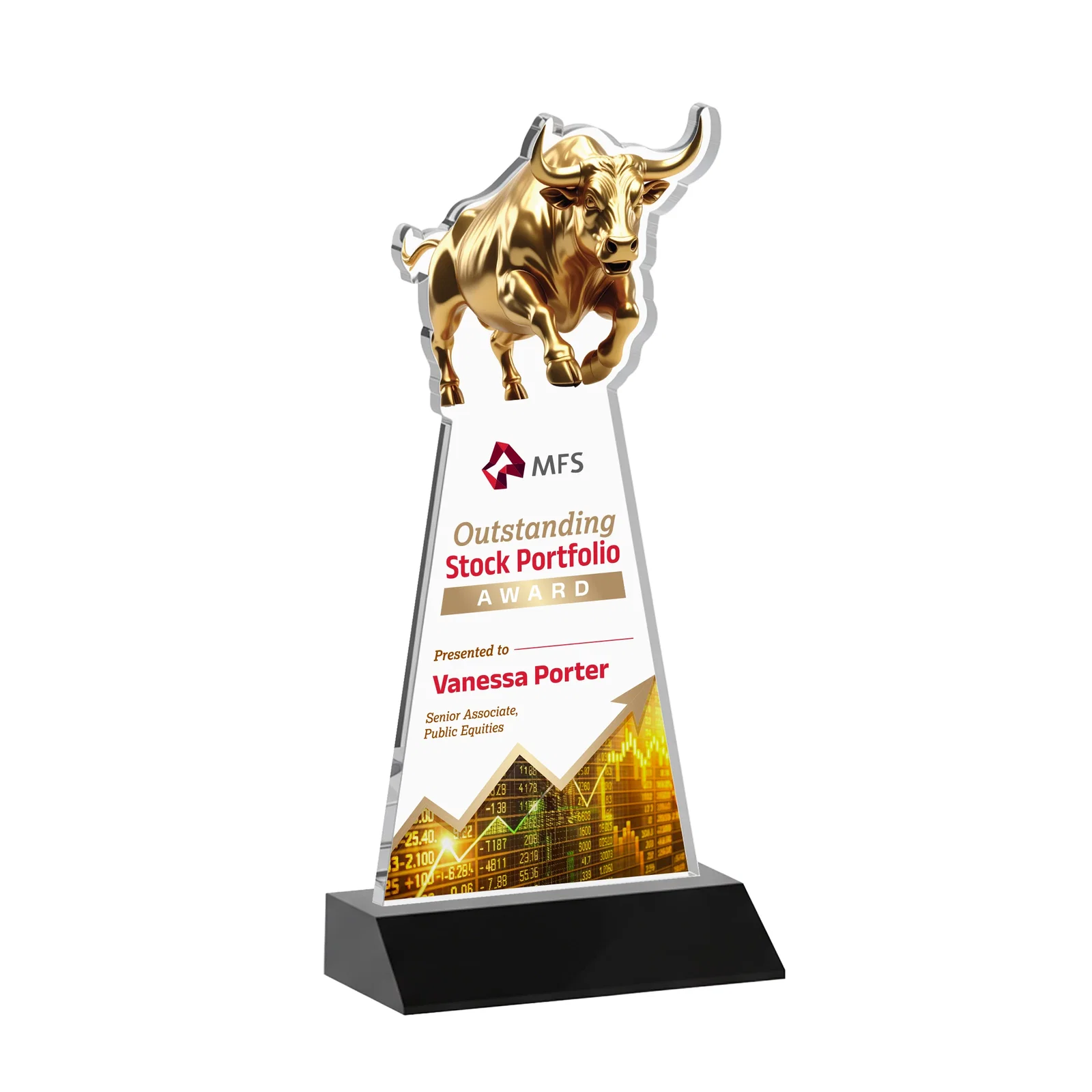 Custom printed Starfire Crystal Award With a Gold Bull Cutout on a Mitered-Front Base, awards for sales achievement awards