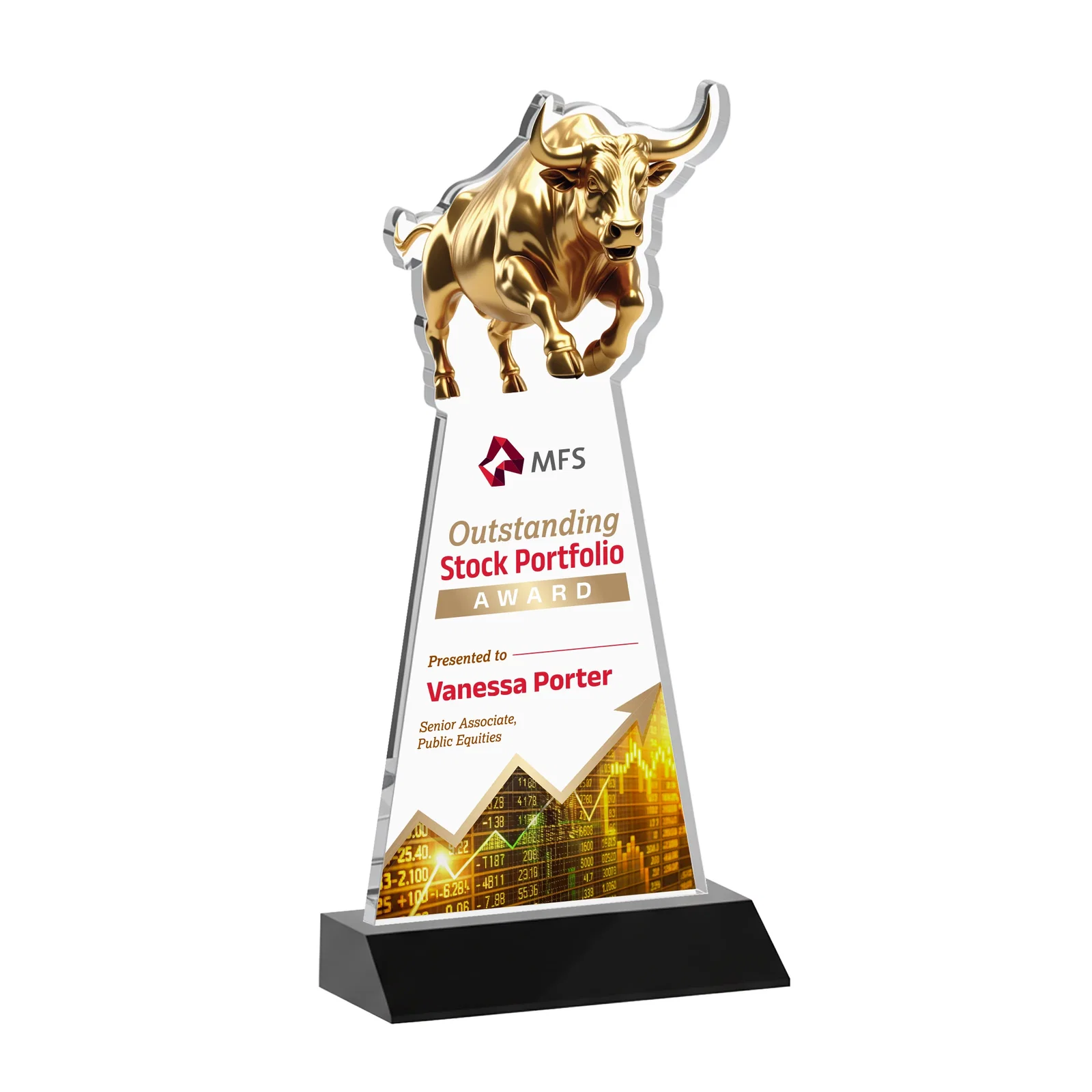 Custom printed Starfire Crystal Award With a Gold Bull Cutout on a Mitered-Front Base, awards for retirement presentations