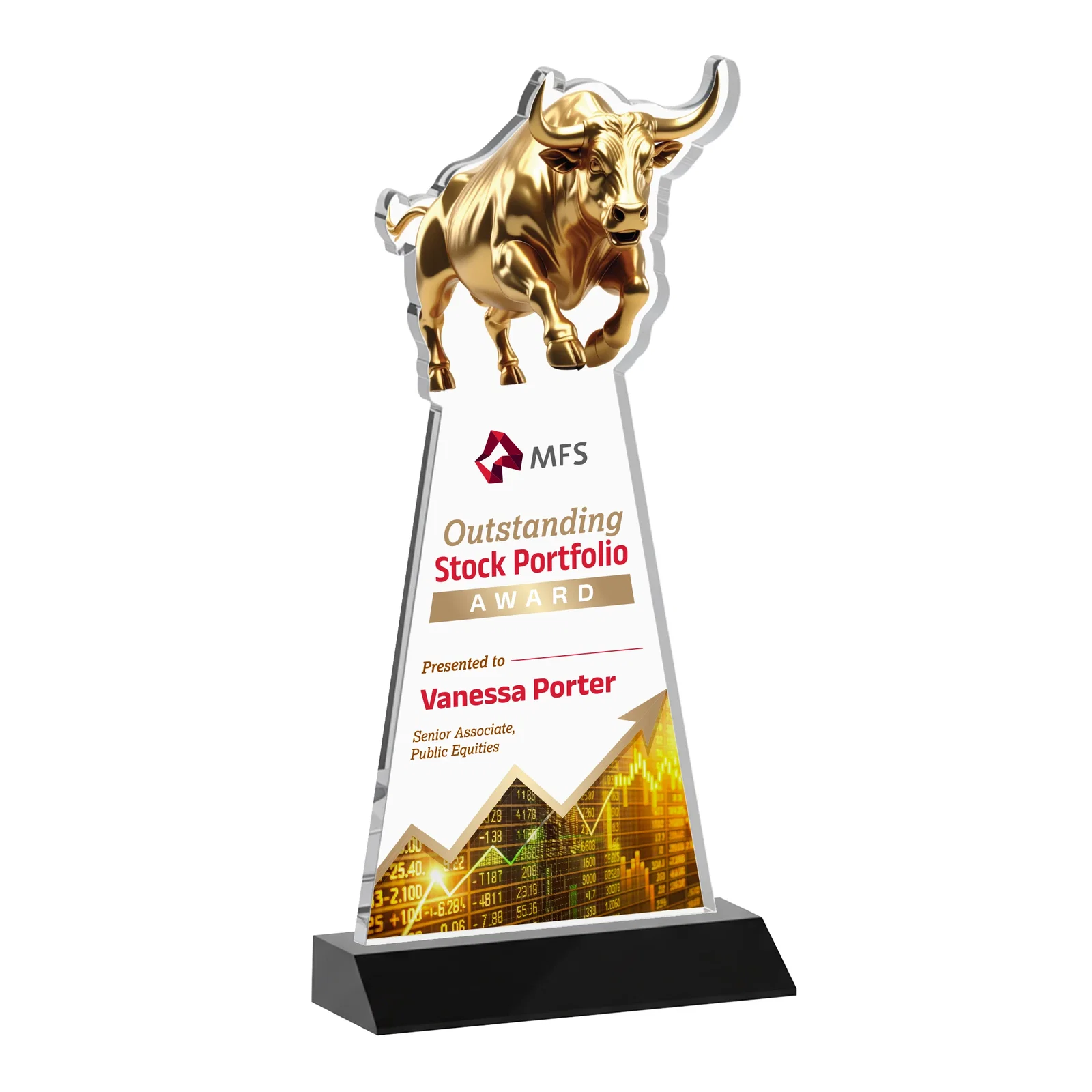 Custom printed Starfire Crystal Award With a Gold Bull Cutout on a Mitered-Front Base, awards for team milestone celebrations