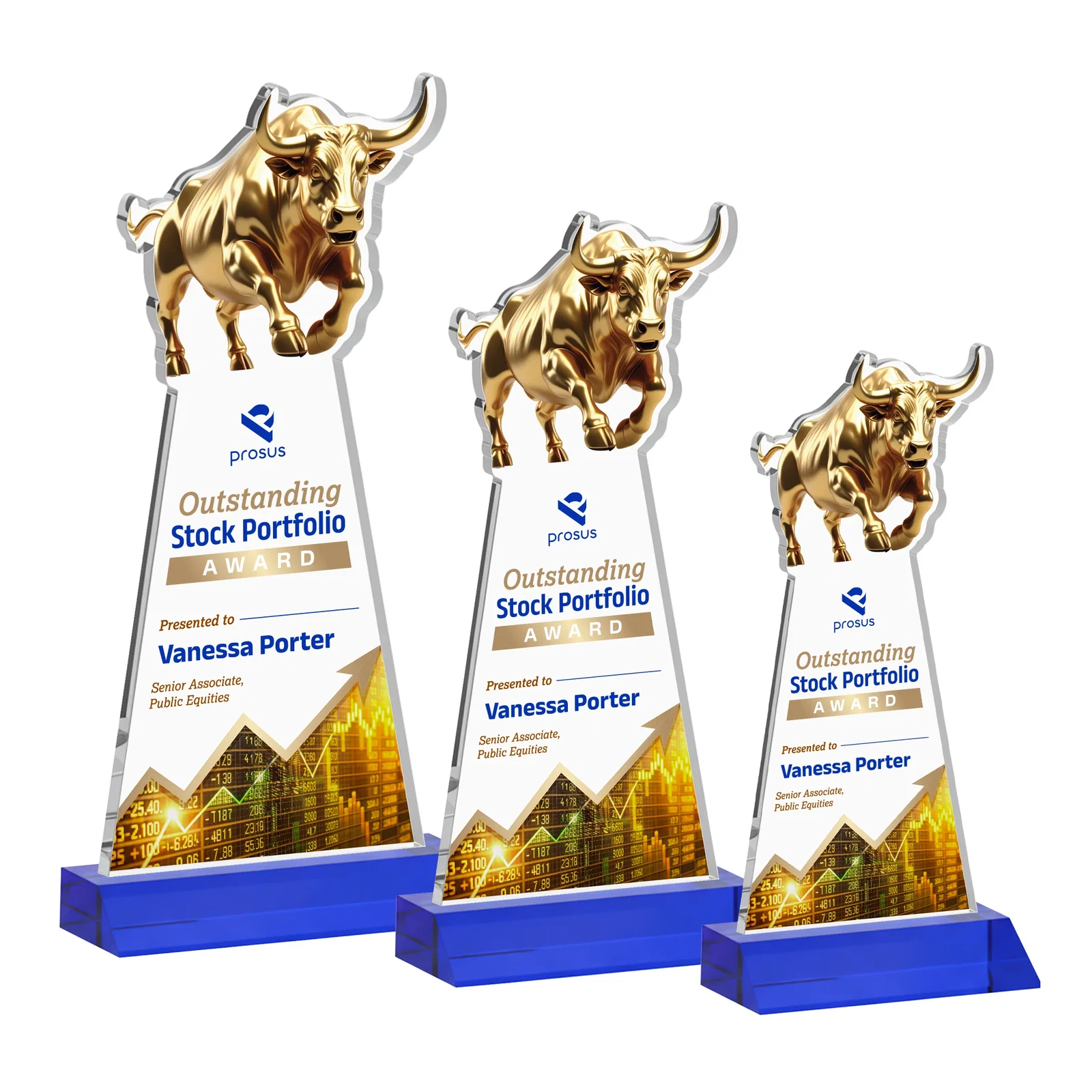 Custom printed Starfire Crystal Award With a Gold Bull Cutout on a Mitered-Front Base, awards for donor appreciation