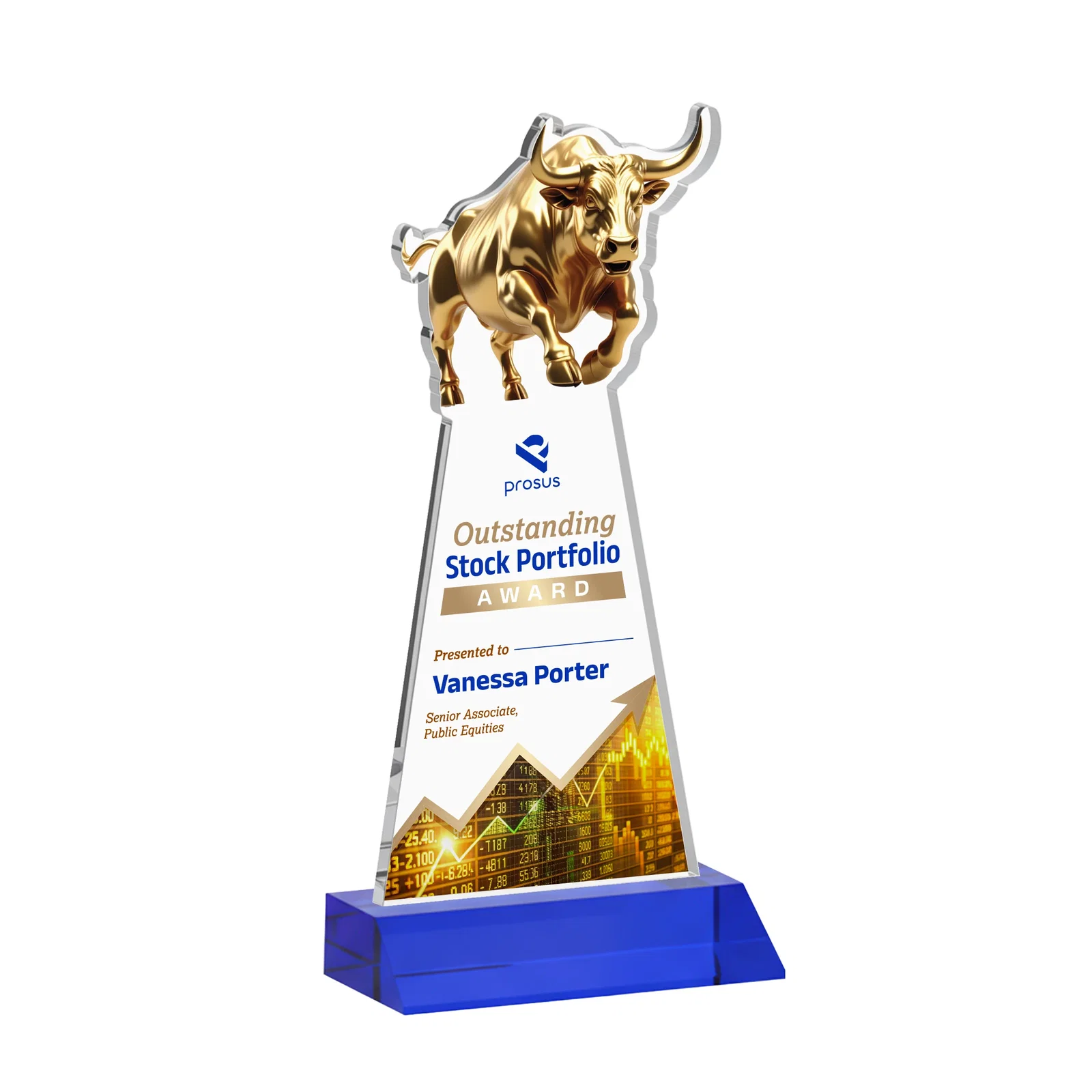 Custom printed Starfire Crystal Award With a Gold Bull Cutout on a Mitered-Front Base, awards for graduation ceremonies