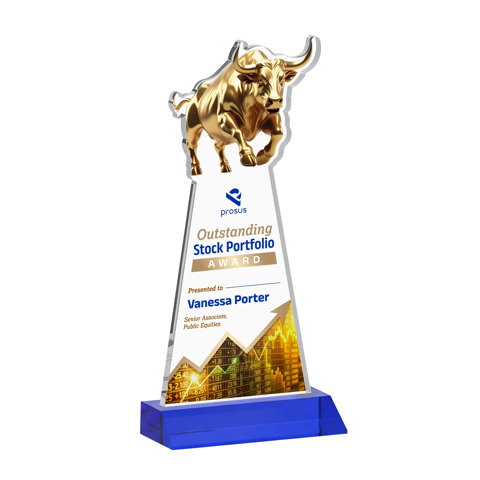 Custom printed Starfire Crystal Award With a Gold Bull Cutout on a Mitered-Front Base, awards for safety achievement programs