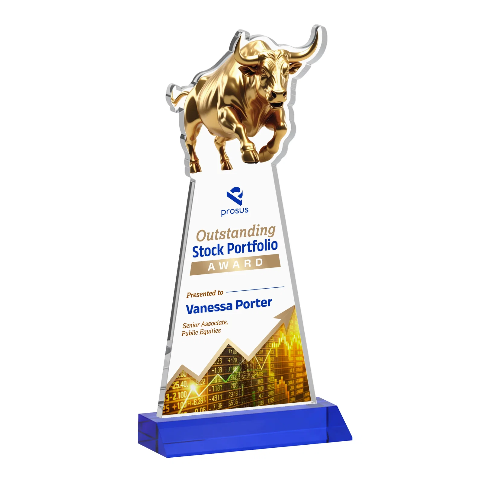 Custom printed Starfire Crystal Award With a Gold Bull Cutout on a Mitered-Front Base, awards for volunteer appreciation