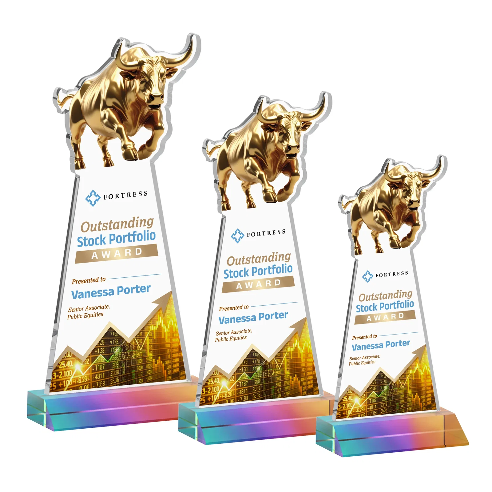 Custom printed Starfire Crystal Award With a Gold Bull Cutout on a Mitered-Front Base, awards for dealer and partner awards