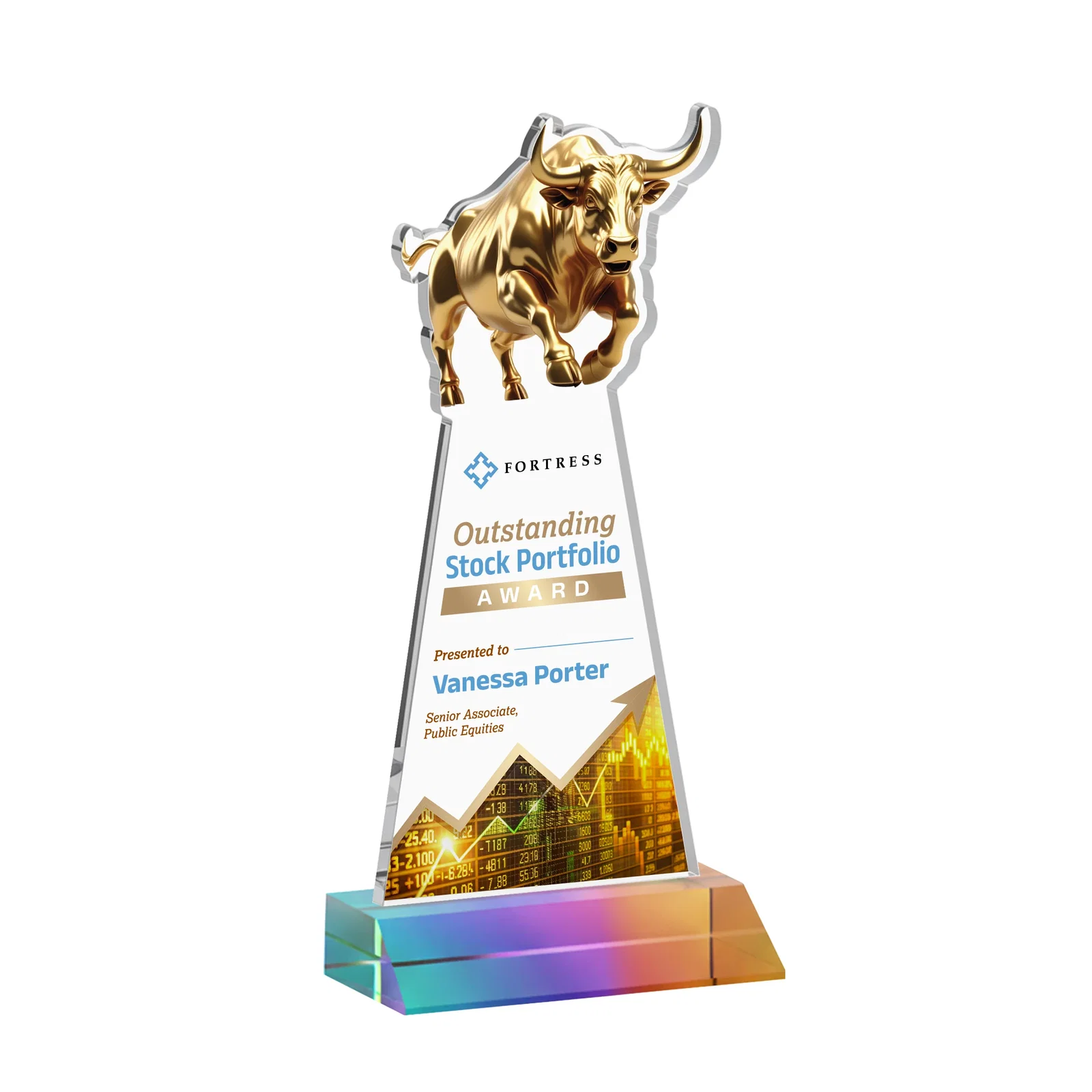 Custom printed Starfire Crystal Award With a Gold Bull Cutout on a Mitered-Front Base, awards for company anniversary events