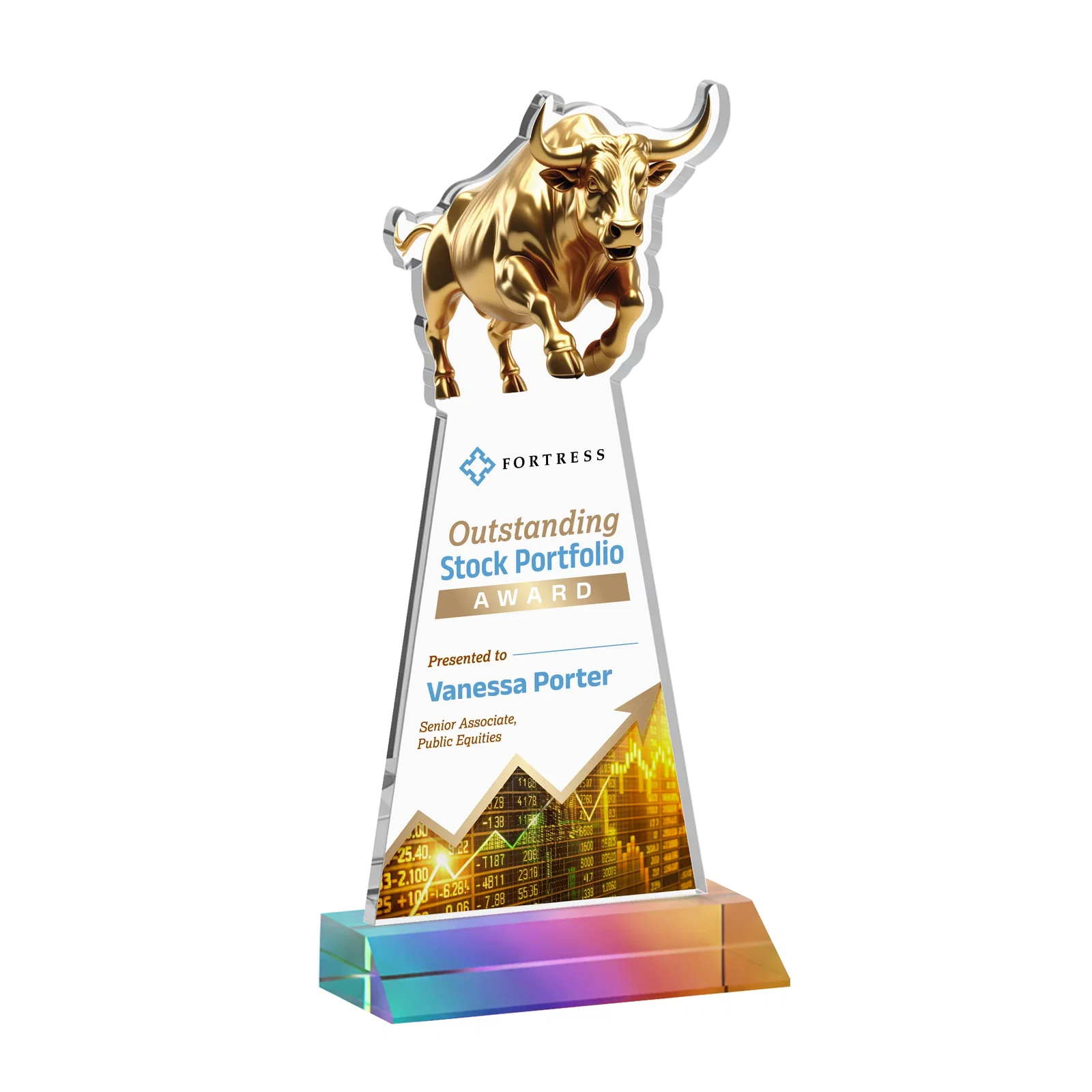 Customized Starfire Crystal Award With a Gold Bull Cutout on a Mitered-Front Base, awards for employee recognition