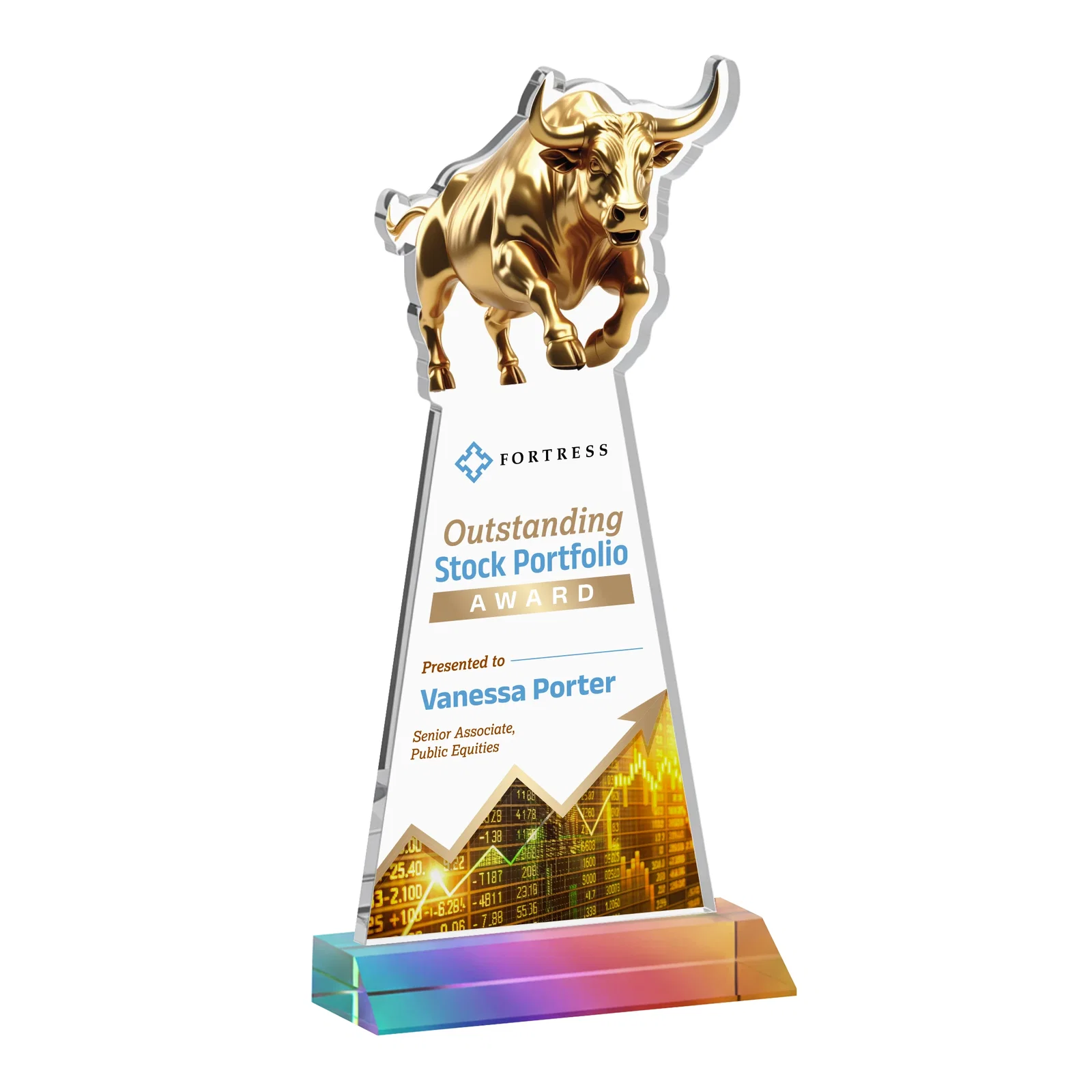 Customized Starfire Crystal Award With a Gold Bull Cutout on a Mitered-Front Base, awards for corporate award ceremonies