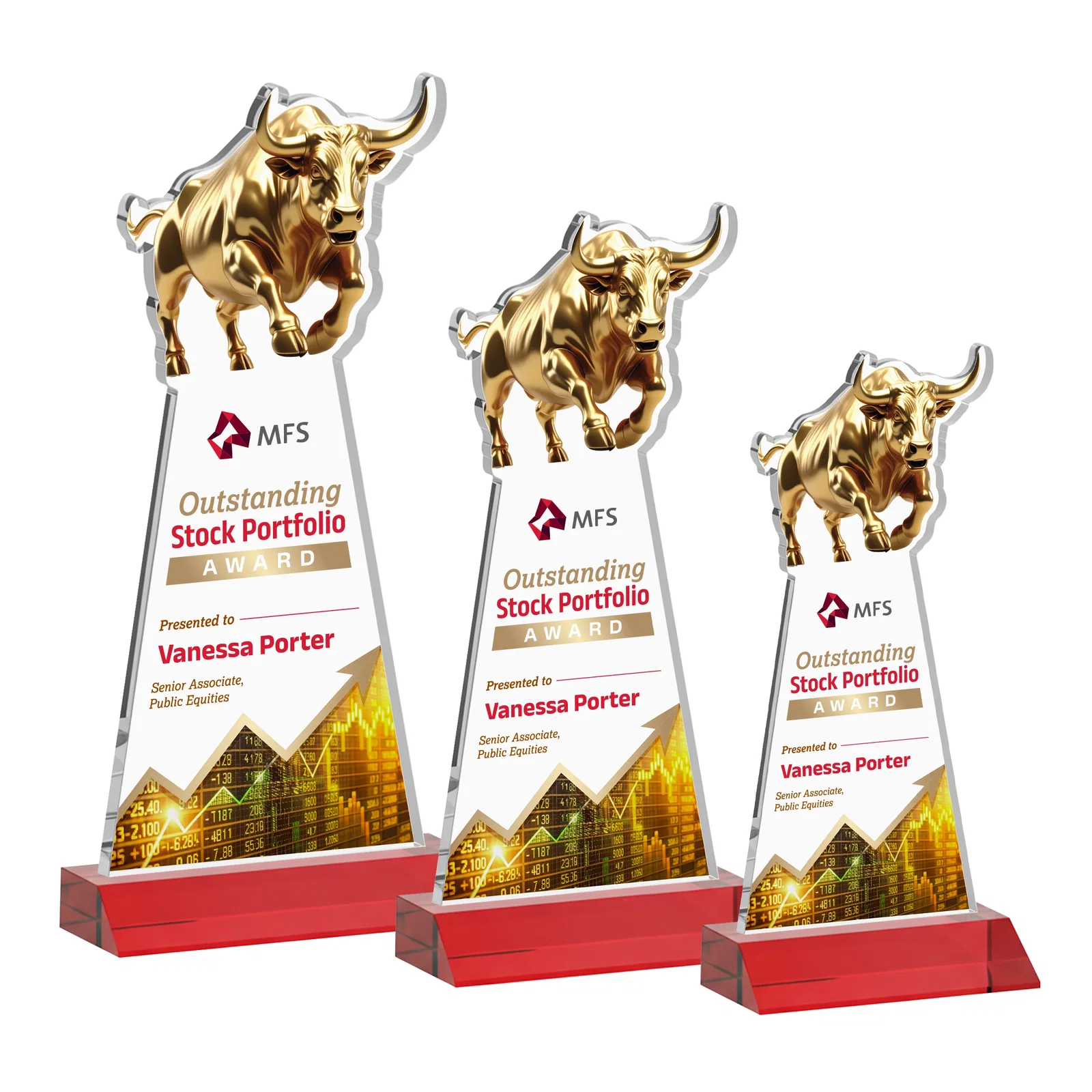 Customized Starfire Crystal Award With a Gold Bull Cutout on a Mitered-Front Base, awards for service anniversary gifts