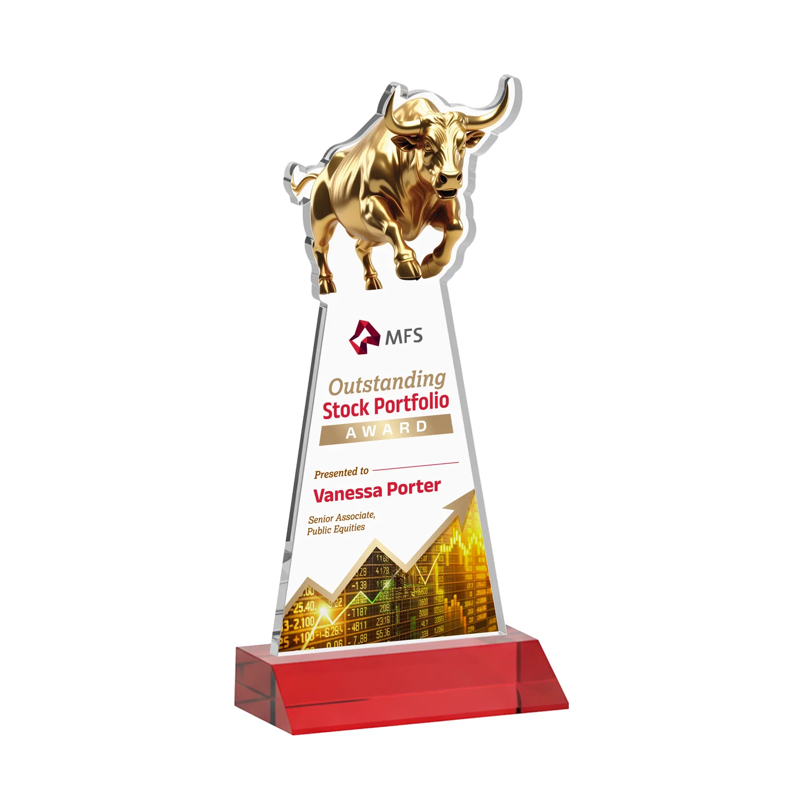 Customized Starfire Crystal Award With a Gold Bull Cutout on a Mitered-Front Base, awards for sales achievement awards