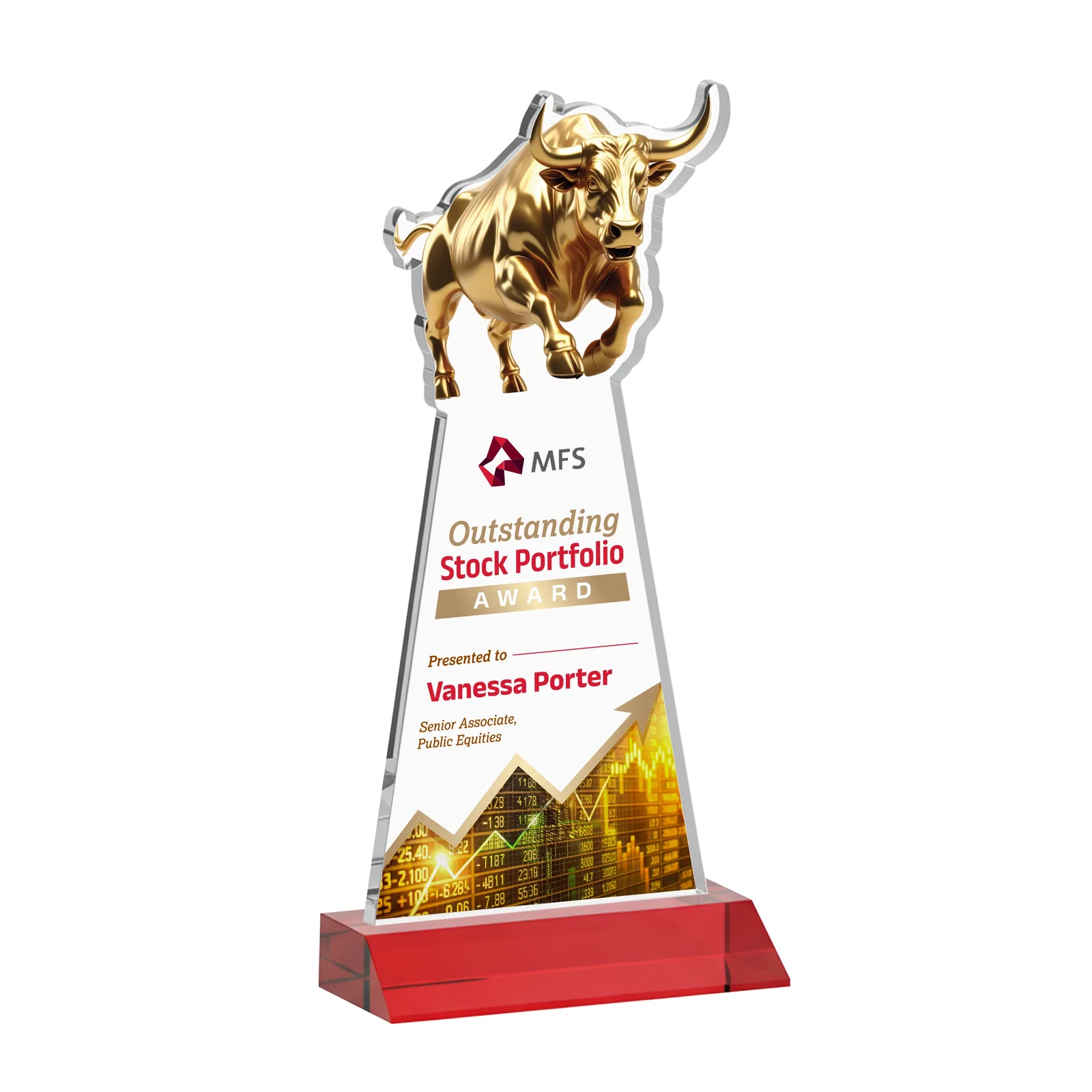 Customized Starfire Crystal Award With a Gold Bull Cutout on a Mitered-Front Base, awards for retirement presentations