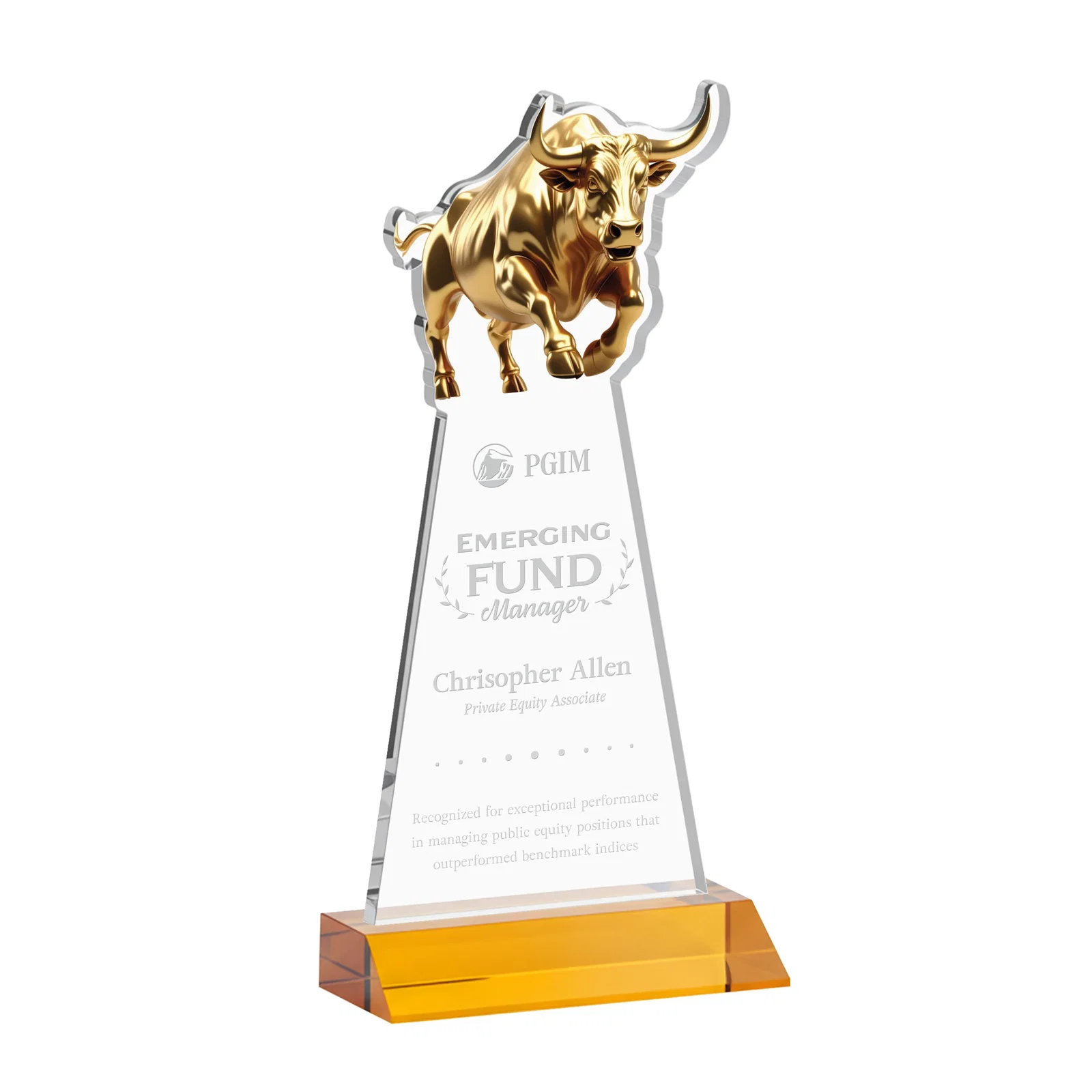 Custom Starfire Crystal Award With a Gold Bull Cutout on a Mitered-Front Base, awards for graduation ceremonies