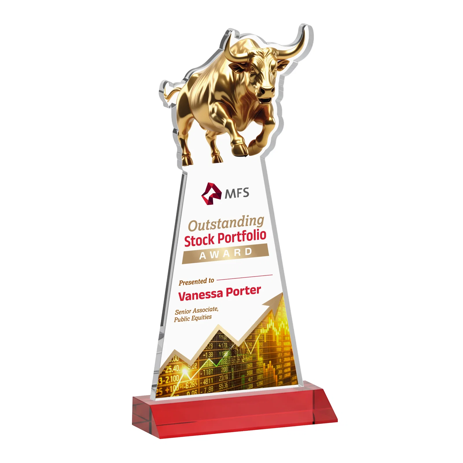Customized Starfire Crystal Award With a Gold Bull Cutout on a Mitered-Front Base, awards for team milestone celebrations