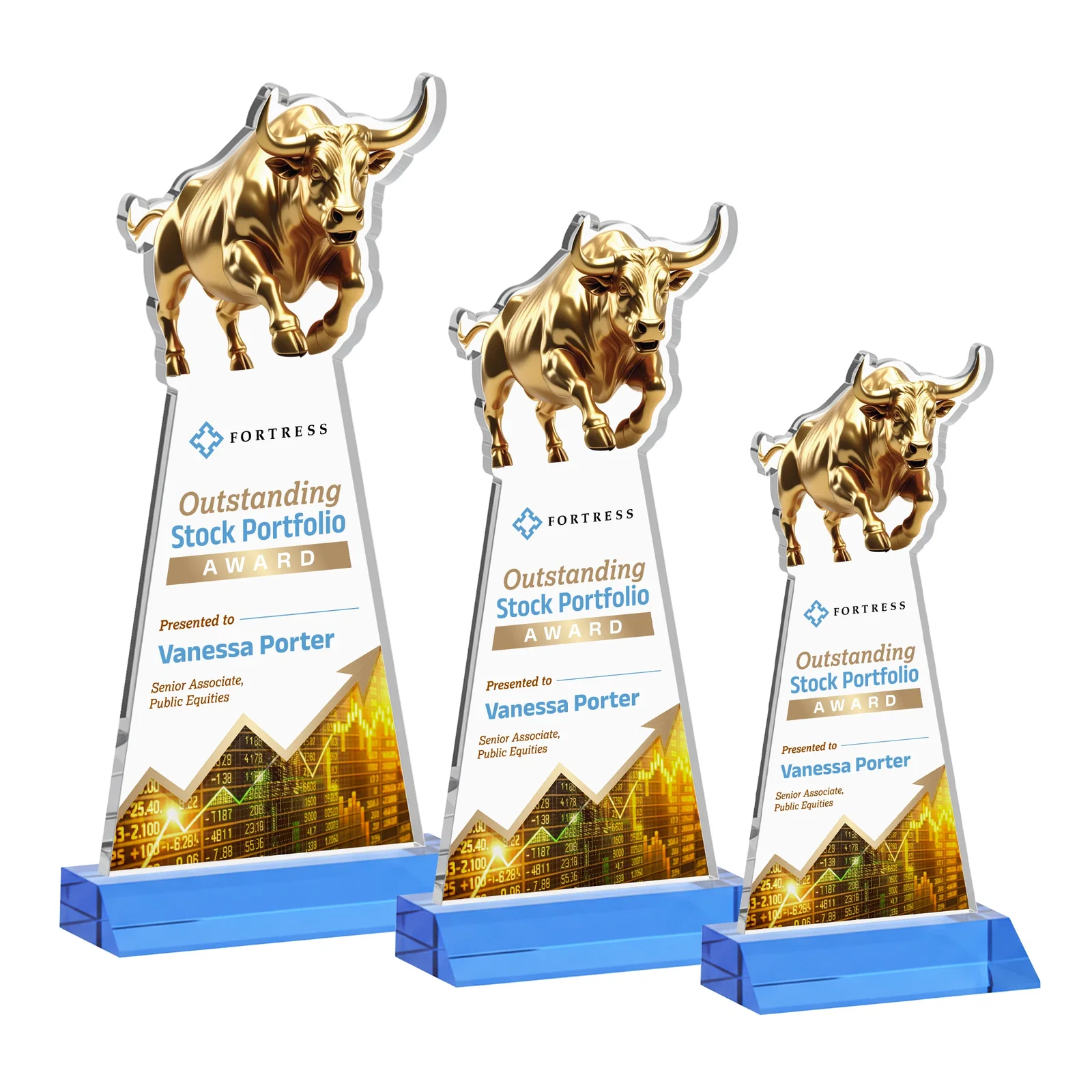 Customized Starfire Crystal Award With a Gold Bull Cutout on a Mitered-Front Base, awards for donor appreciation