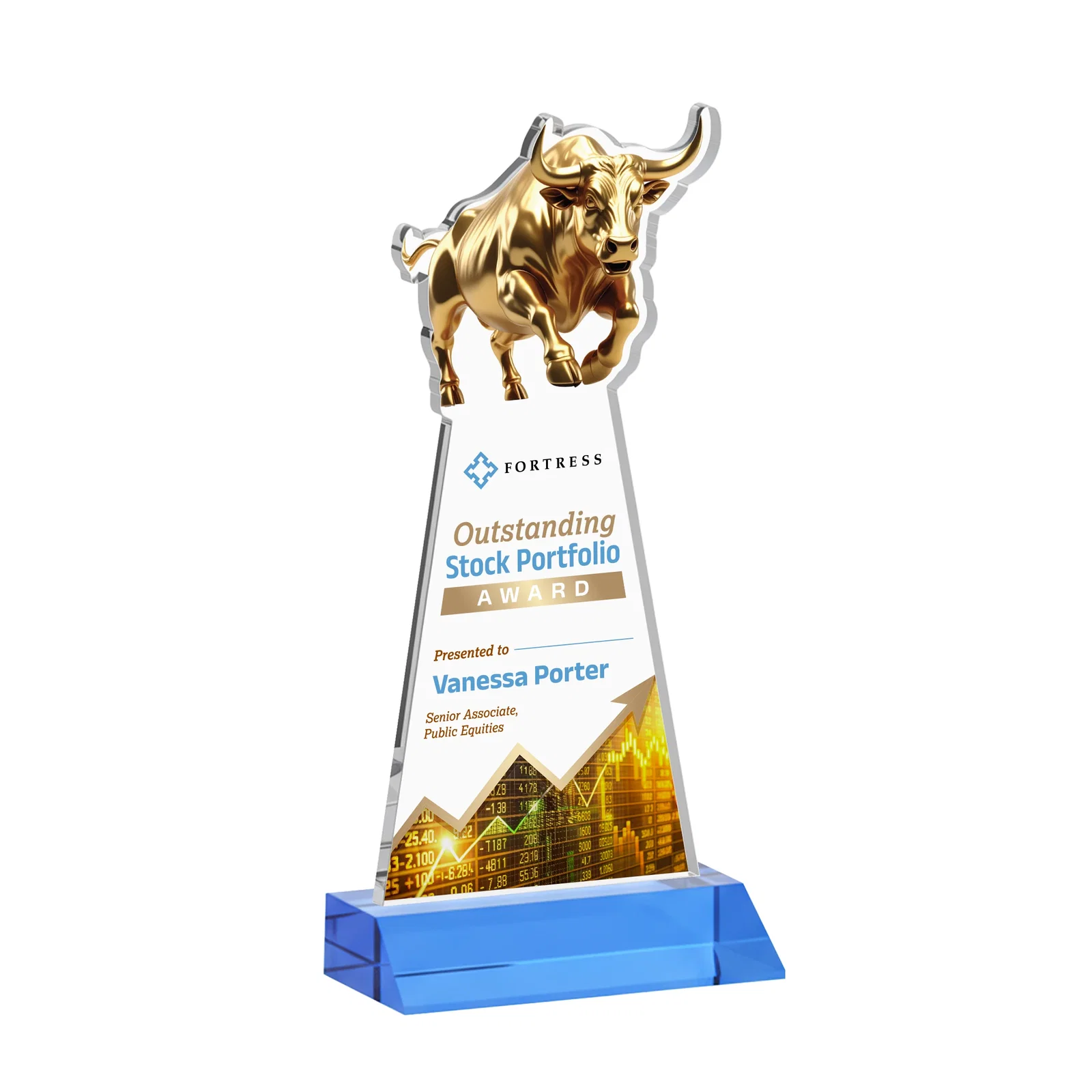 Customized Starfire Crystal Award With a Gold Bull Cutout on a Mitered-Front Base, awards for graduation ceremonies