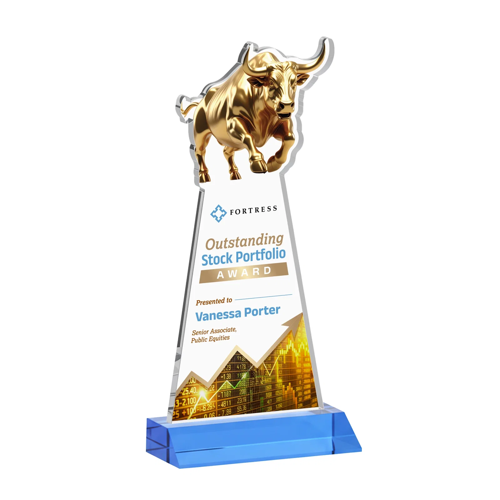 Customized Starfire Crystal Award With a Gold Bull Cutout on a Mitered-Front Base, awards for safety achievement programs