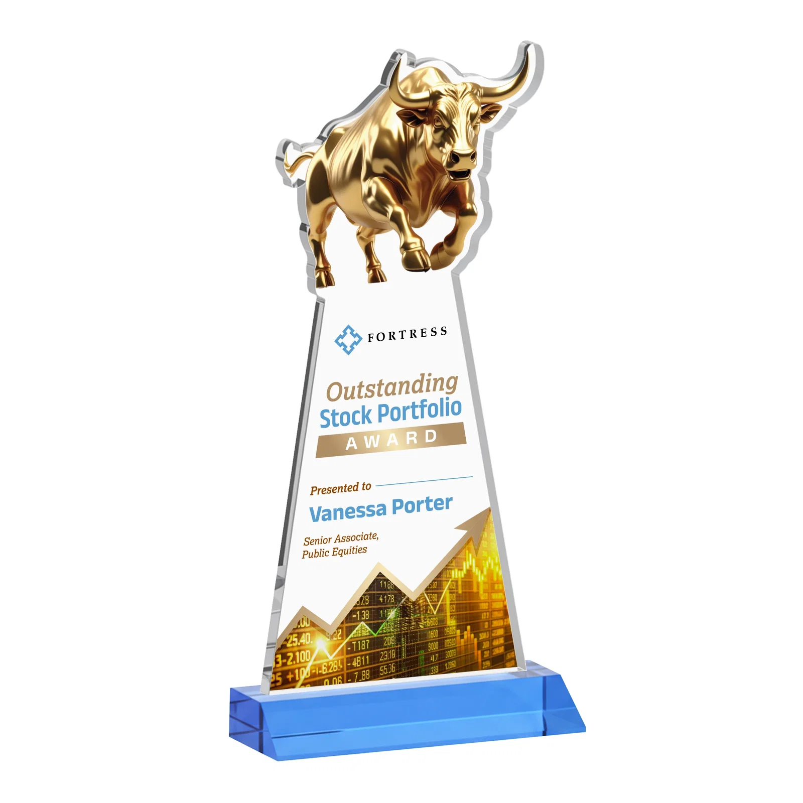 Customized Starfire Crystal Award With a Gold Bull Cutout on a Mitered-Front Base, awards for volunteer appreciation