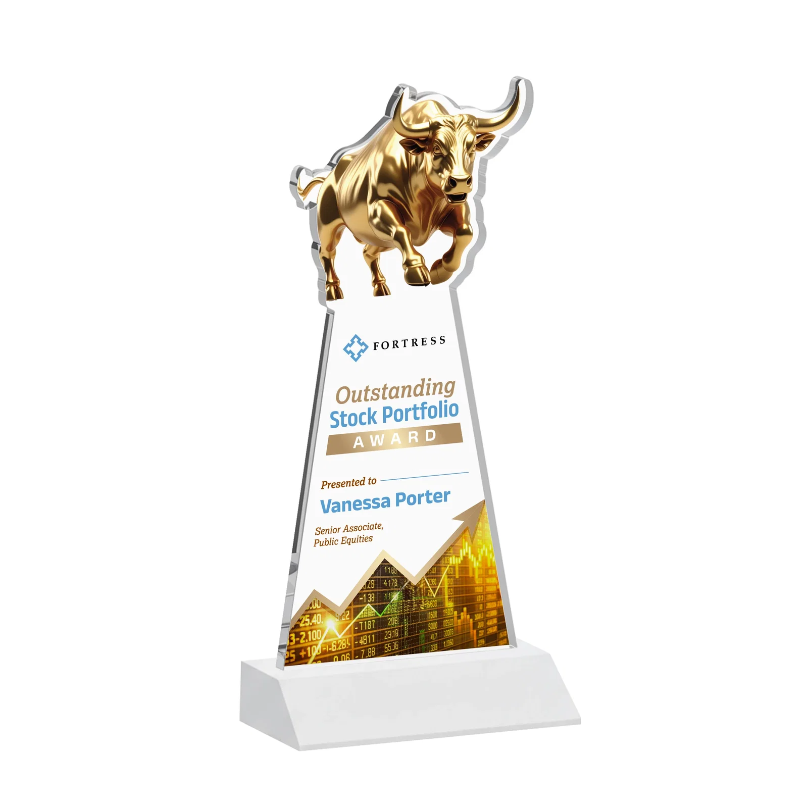 Customized Starfire Crystal Award With a Gold Bull Cutout on a Mitered-Front Base, awards for company anniversary events