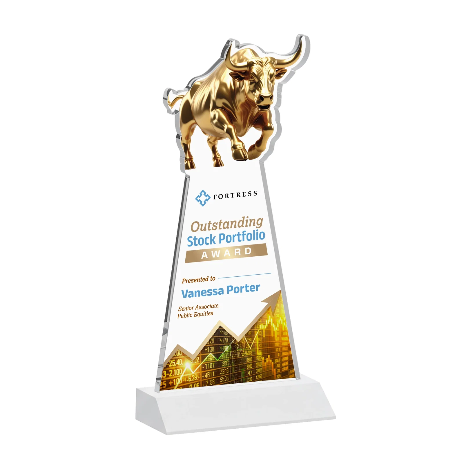 Custom engraved Starfire Crystal Award With a Gold Bull Cutout on a Mitered-Front Base, awards for employee recognition