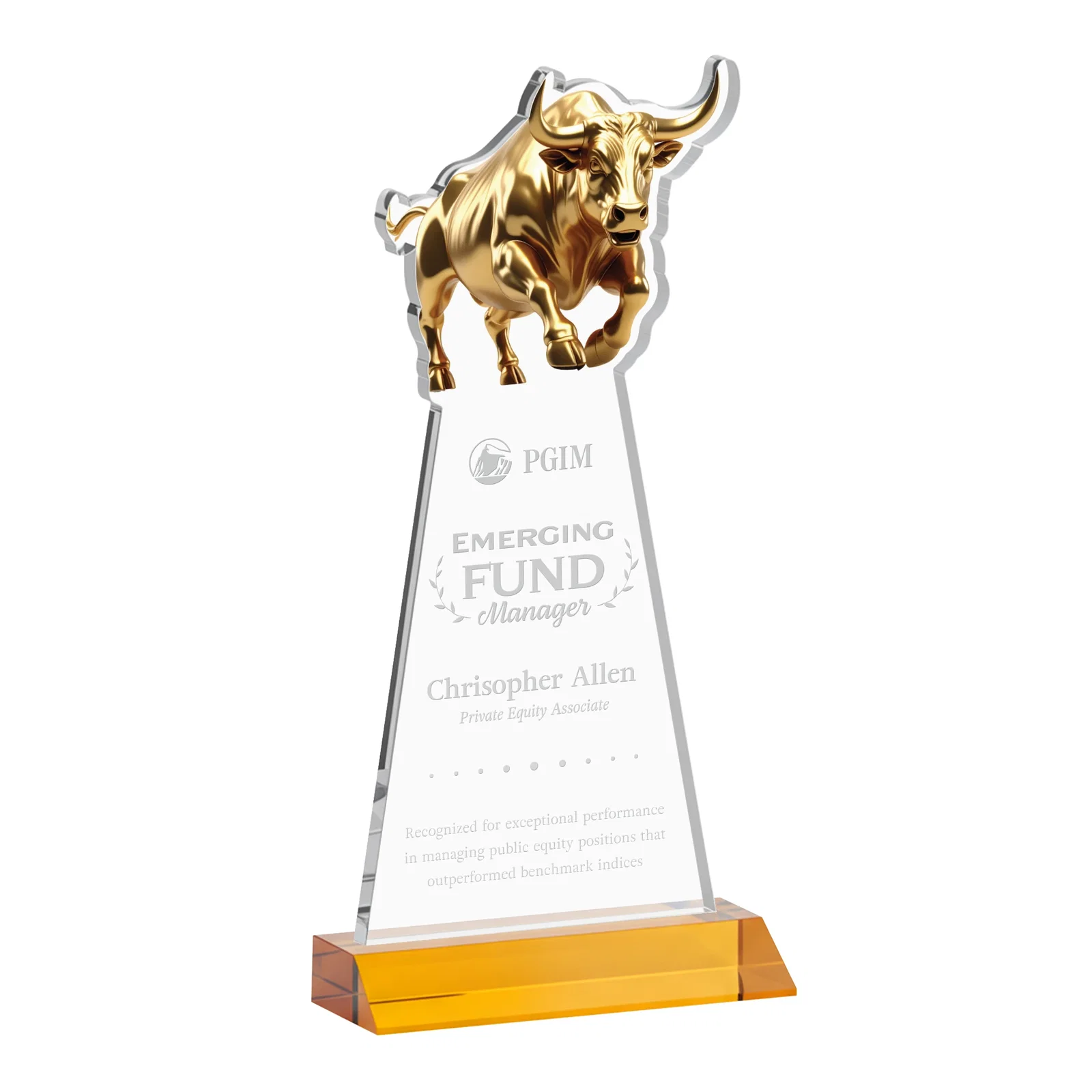Custom Starfire Crystal Award With a Gold Bull Cutout on a Mitered-Front Base, awards for safety achievement programs