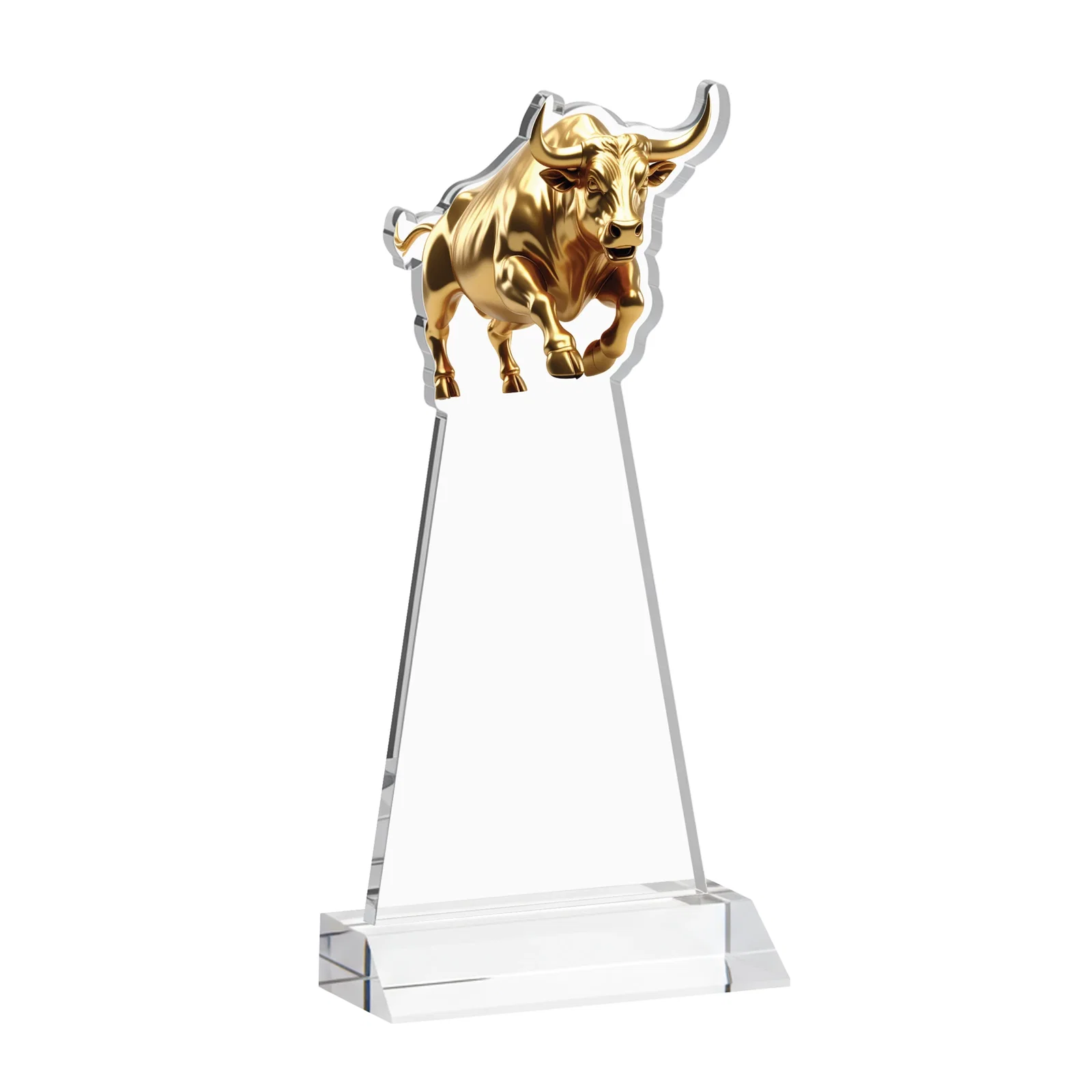 Custom engraved Starfire Crystal Award With a Gold Bull Cutout on a Mitered-Front Base, awards for sales achievement awards